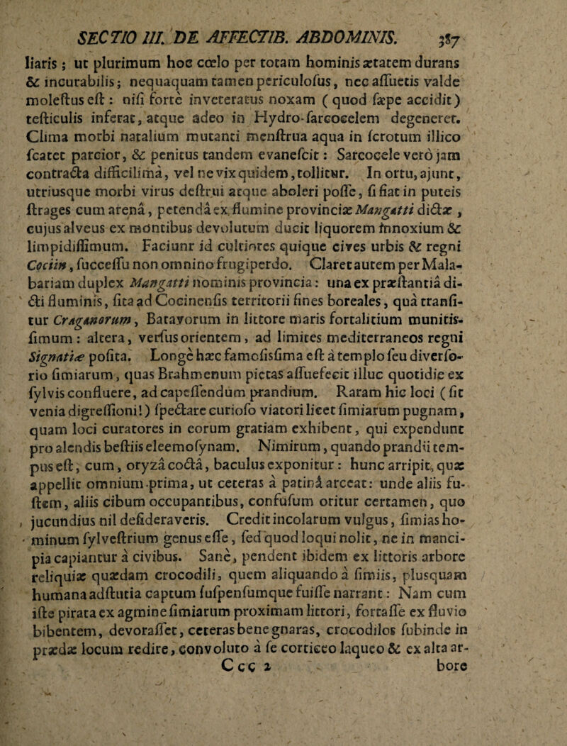 liaris; uc plurimum hoc coelo per totam hominis setatem durans &c incurabilis; nequaquam tamenpcriculofus, nccaffueris valde moleftuseft : nifi forte inveteratus noxam ( quod facpe accidit) tefticulis inferat, atque adeo in Hydro-farcoeelem degenerer. Clima morbi natalium mutanti menftrua aqua in fcrotum illico fcatet parcior, & penitus tandem evanefcit: Sarcocele vero jam contrada difficilima, vel ne vix quidem, tollitur. In ortu,ajunt, utriusque morbi virus deftrui atque aboleri poffe, fi fiat in puteis ftrages cum arena, petenda ex flumine pvovincix Mangatti didar , cujus alveus ex montibus devolutum ducit liquorem innoxium &: limpidiffimum. Faciunr id cultiores quique cives urbis regni Cociin, fucceffu non omnino frugiperdo. Claretautem per Mala- bariam duplex Mangatti nominis provincia: una ex prarflantia di¬ di fluminis, fita ad Cocinenfis territorii fines boreales, qua tranfi- tur CrAg/morum^ Batavorum in lictore maris fortalitium munitis- fimum: alcera, verius orientem, ad limites mediterraneos regni Signatio pofita. Longe hxc famefisfima eft a templo feu diverfo- rio fimiarum, quas Brahmenum pictas affuefecic illuc quotidie ex fyl vis confluere, ad capeflendum prandium. Raram hic loci (fit venia digreflioni!) fpedare curiofo viatori licet fimiarum pugnam, quam loci curatores in eorum gratiam exhibent, qui expendunt pro alendis beftiis eleemofynam. Nimirum, quando prandii tem¬ pus eft, cum, oryza coda, baculus exponitur: hunc arripit, qua: appellit omnium prima, ut ceteras a patini arceat: unde aliis fu- ftem, aliis cibum occupantibus, confufum oritur certamen, quo jucundius nil defideraveris. Credit incolarum vulgus, fimias ho- • minum fylveftrium genus effe, fed quod loqui nolit, ne in manci¬ pia capiantur a civibus. Sane, pendent ibidem ex lictoris arbore reliquia: quasdam crocodili, quem aliquando a fimiis, plusquam humana adftutia captum fufpenfumque fuiffe narrant: Nam cum ifte pirata ex agmine fimiarum proximam lictori, fortafle ex fluvio bibentem, devoraffet, ceteras bene gnaras, crocodilos fubinde in prseda: locum redire, convoluto a fe corticeo laqueo & ex alta ar-