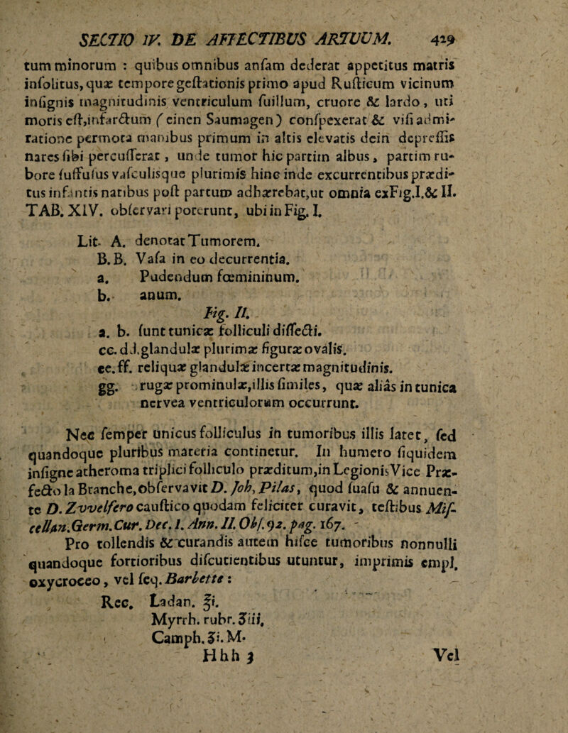 / . . _ tum minorum : quibus omnibus anfam dederat appetitus matris infoiitus,qux tempore geftationis primo apud Rufticum vicinum infignis magnitudinis ventriculum fuiilum, cruore fe lardo, uti moris eft,mfar&uro ( einen Saumagen) confpexerat viliadmi* ratione permota manibus primum in altis elevatis dcin depreffis nares fibi percuderat, unde tumor hiepartim albus, partimru¬ bore /uffufus vafculisquc plurimis hinc inde excurrentibus prardi- tus infantis natibus pofl: partum adha:rebac,ut omnia exFig.I.& II. TAB. XIV. obfervari porerunt, ubiinFig, I. Lit A. denotat Tumorem. B.B. Vafa in eo decurrentia. a. Pudendum fcemininum. b. * anum. Fig.il.- a. b. (unt tunicas folliculi difle&i. cc. d Lglandulac plurima: figura?ovalis. cc.ff. reliqua: glandula incerta? magnitudinis, gg. ruga: prominula?,illis fimiles, qua? alias in tunica nervea ventrieuloram occurrunt. Nec /emper unicus folliculus in tumoribus illis latet, fcd quandoque pluribus mareria continetur. In humero fiquidem infigne atheroma triplici folliculo proditum,in Legionis Vice Prse- feftolaBranche,obfervaVitZ). Johy Pilas, quod/uafu &: annuen¬ te D. Zwelfero cauftico quodam feliciter curavit, tc/bbus Mtf- cdUn.Germ. Cur. Dee. 1. An». II Obf. 92. fag. 167. - Pro tollendis & curandis autem hifce tumoribus nonnulli quandoque fortioribus difeutientibus utuntur, imprimis empl, ©xycroeeo, vel feq. Barlette: Rec. Ladan, %i. Myrrh. rubr. Jiii, Camph.Ji.M* J Hhh ) Vel 1