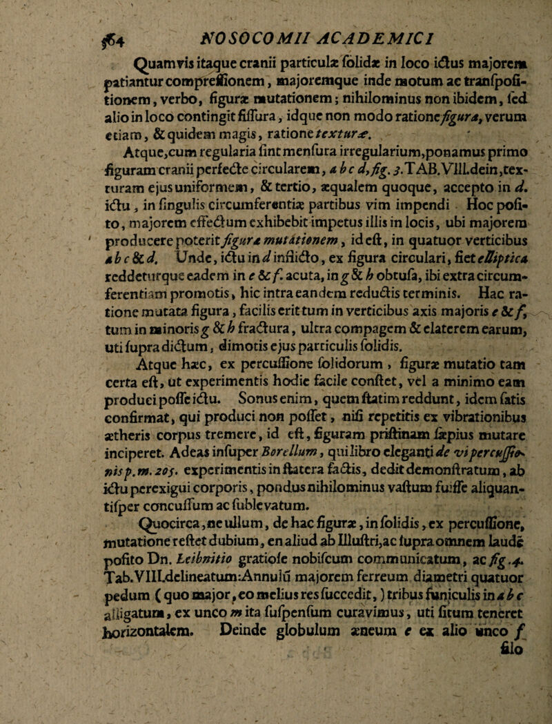 Quamvis itaque cranii particulae folidae in loco idus majorem patiantur compreifionem, majoremque inde motum ac tranfpofi- tionem, verbo, figurae mutationem; nihilominus non ibidem, icd alio in loco contingit fiflura, idque non modo rationcfigura, verum etiam, & quidem magis, ratione textura. Atque,cum regularia fintmenfura irregularium,ponamus primo figuram cranii perfede circularem >abc dyfig. i.TAB.Vlll.dein,cex- ruram ejus uniformem, & tertio, aequalem quoque, accepto in d. idu, in lingulis circumferentiae partibus vim impendi Hoc pofi« to, majorem effedum exhibebit impetus illis in locis, ubi majorem producere poterit figura mutationem, id eft, in quatuor verticibus ab c 8cd. Unde, idu in d inflido, ex figura circulari, fiet eUiptica reddeturque eadem ine&cf. acuta, in g & h obtufa, ibi extra circum¬ ferentiam promotis> hic intra eandem redudis terminis. Hac ra¬ tione mutata figura, facilis erit tum in verticibus axis majoris e 5e tum in minoris g & h fradura, ultra compagem & elatcrem earum, uti fupra didum, dimotis ejus particulis folidis. Atque h*c, ex percufiiorre folidorum , figurae mutatio tam certa eft, ut experimentis hodie facile conflet, vel a minimo eam produci poffe idu. Sonus enim, quem ftatim reddunt, idem fatis confirmat, qui produci non poflet, nili repetitis ex vibrationibus aetheris corpus tremere, id eft, figuram priftinam fiepius mutare inciperet. Adeas infuper Borellum, quilibro eleganti de vipercujp nisp.M.20s. expcrimentisinftatcrafa&is, deditdemonftratum,ab idu perexigui corporis, pondus nihilominus vaftum fuiffe aliguan- tifper concuffum ac fublcvatum. - ■ v !«, Quocirca, ne ullum, de hac figurae, in folidis ^ ex percuffione, mutatione r eftet dubium, en aliud ab Illuftri,ac iupra omnem laude pofitoDn. leibnitio gratiole nobifeum communicatum, ac fig-4* Tab.VlII.delineatum^Annulu majorem ferreum diametri quatuor pedum ( quo major, eo melius res fuccedit,) tribus ftiniculisina^ e alligatum, ex unco m ita fufpenfum curavimus, uti ficum teneret horizontalem. Deinde globulum aeneum c ex alio iiheo f filo