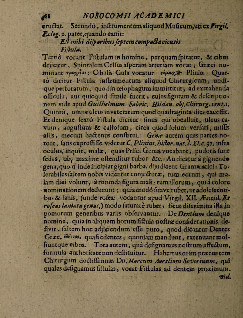 4*S NOSO CO Mil AC AD E MICl crufht. Secundo, inftrumentum aliquod Mufieum,uti ex firgil. yUlog, i. patet,quando canit: Ef! mihi dijparibusfeptem compaSa cicutis Fifiulfi. ' ■ Tertio vocant Fiftulam in homine , perquam fpiratur, & cibus dejicitur, SpiritalemCelfus afperam arteriam yocac; Grxci no¬ minant *?*%«**; Cibalis Gula vocatur 5^*%©- Plinio. Quar¬ to dicitur Fiftuh inftrumentum aliquod Chirurgicum, undi¬ que psrforatum, quod in oefophagimj immittitur, ad extrahenda ©{ficula, aut quicquid fimile fuerit; cujus figuram te ddcripciov n^m vide apud Guilhelmum Fabric. Hildan. obj. Chirurg. ccnt.i. Quinto, omne ulcus inveteratum quod quadraginta dies exceffit. Et denique fexto Fiftula dicitur finus qui obcaliuit, ulcus ca¬ vum, auguftum te calkdum, circa quod (olum verfari, mifEs aliis, mecum ha&enus eonftitui, Gerue autem quas partes no¬ tent, fatisexpreflifle videtur C.Plinius.hi/lor.nat.LXlc.li. infra oculos, inquit, malx, quas Prifci Genas vocabant, pudorisfunc fedvS, uby maxime offenditur rubor &c. An dicatur a gignend* gena, quo d inde incipiat gigni barba, dijudicent Grammatici: To¬ lerabiles faltem nobis videntur conje&uras, tum eorum , qui ma¬ lam dici volunt, 3 rotunda figura mali .-tum illorum, quiacolore Rommationcmdcducum j quiamoddfuave ruber, uradoiefeenti- baste fanis, (unde rofcae vocantur apud VirgiJ. XII. ^Eneid.Et refeas laniata genas?) modo fatura te rubet > ficut diferimina ifta in pomorum generibus variis obfervantur. De Dentium denique nomine, quia in aliquem borum fiftula noftrxconfiderationis de- fivit, falcem hoc adjiciendum effe puto, quod dicantur Dentes Grxc, quafi edentes; quoniam mandunt, extenuant saol- fiuntque eibos. Tota autem, quadefignamusDoftrqmaffe&um, formula autheritate non deftituitur. Habemus enim praeeuntem Chirurgum do&iffimum Dn. Marcum Aurelium Severwum, qui quales defignamusfiftulas, vorat Fiftulas ad dentem proximum.