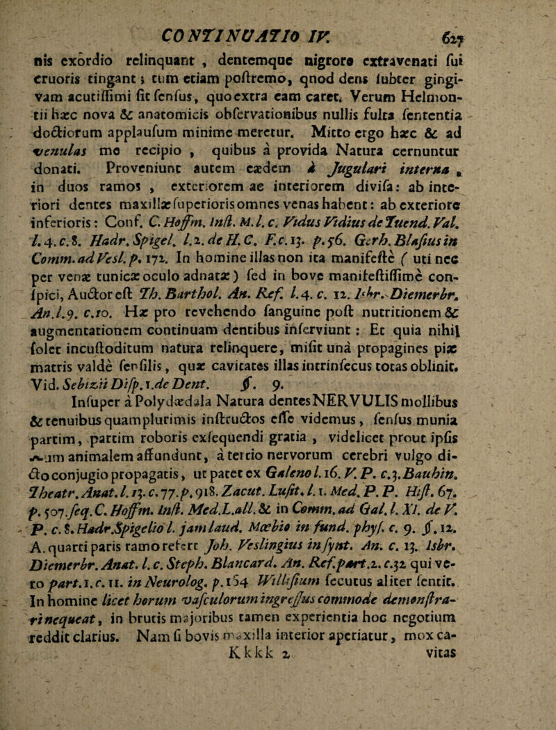 nis exordio relinquant , dentemque nigrore extravenati fui cruoris cingant r cum etiam poftrcmo, qnod dens iubter gingi¬ vam acutiflimi fiefenfus, quoextra eam caret* Verum Heimon- tii haec nova & anatomicis obfervationibus nullis fulta fententia do&iorum applaufum minime meretur. Mitto ergo hsec & ad venulas mo recipio , quibus a provida Natura cernuntur donati. Proveniunt autem eaedem i Jugulari interna * in duos ramos , exteriorem ae interiorem divifa: ab inte¬ riori dentes maxilla:fuperiorisomnes venas habent: ab exteriore inferioris: Conf. C. Hoffm. InH. M.l. c. Vtdus Fidius de Tuend. Val. L4.c.%. Hadr.Spigef l.i.deH.C. F.c. 13. p.$6. Gerh.BUfiusin Comm.adFesl.p.i^i. In homine illas non ita manifefte ( uti nec per venae tunica: oculo adnacae) fed in bove maniteftiflime con- fpici, Au&oreft Ih. Barthol. Ah. Ref l. 4. c. 12. bhr. DiemerbrM An.Ly.c.io. Hae pro revehendo fanguinc poft nutricionem augenentationem continuam dentibus inferviunt: Et quia nihil {olet incuftoditum natura relinquere, nriific una propagines pix matris valde fenfilis, quae cavitates illas intrinfecus totas oblinit# Vid.Sebtz,ii DifpA.de Dent. jf. 9. Infupcr a Poly daedala Natura dentes NERVULIS mollibus & tenuibus quamplurimis inftru&os cfle videmus, fenfus munia partim, parcim roboris exfequendi gratia , videlicet prout ipfis jvjm animalem affundunt, a tertio nervorum cerebri vulgo di¬ do conjugio propagatis, ut patet cx Galeno L16. V. P. c.^.Bauhin. Theatr.Anat. I. /;. c.yy.p. 918. Zacut. Lufit# /. r. Med\ P. P. Hift. 67. p. $oy.Jeq. C. Hoffm. Infl. Med.L.M. & in Comtn. ad Gal. I.17. de V. r P. c. S. HadrSpigelio L jamlaud. Mcebie in fund. phy)\ c. 9. jf. 12. A. quarti paris ramo refert Joh.Veslingiusinfynt. An. c. 15. Isbr. Diemerbr, Anat. L c. Steph. Blancard. An. Ref.part.i. r.32, qui ve¬ ro part.i.c.ii. inNeurolog. />.164 WtUtfium fecucus aliter fentit. In homine licet herum vafculorum ingrejjus commode dcmenflra- rinequeat, in brutis majoribus tamen experientia hoc negotium reddit clarius. Nam fi bovis nexilia interior aperiatur > mox ca- K k k k z vitas