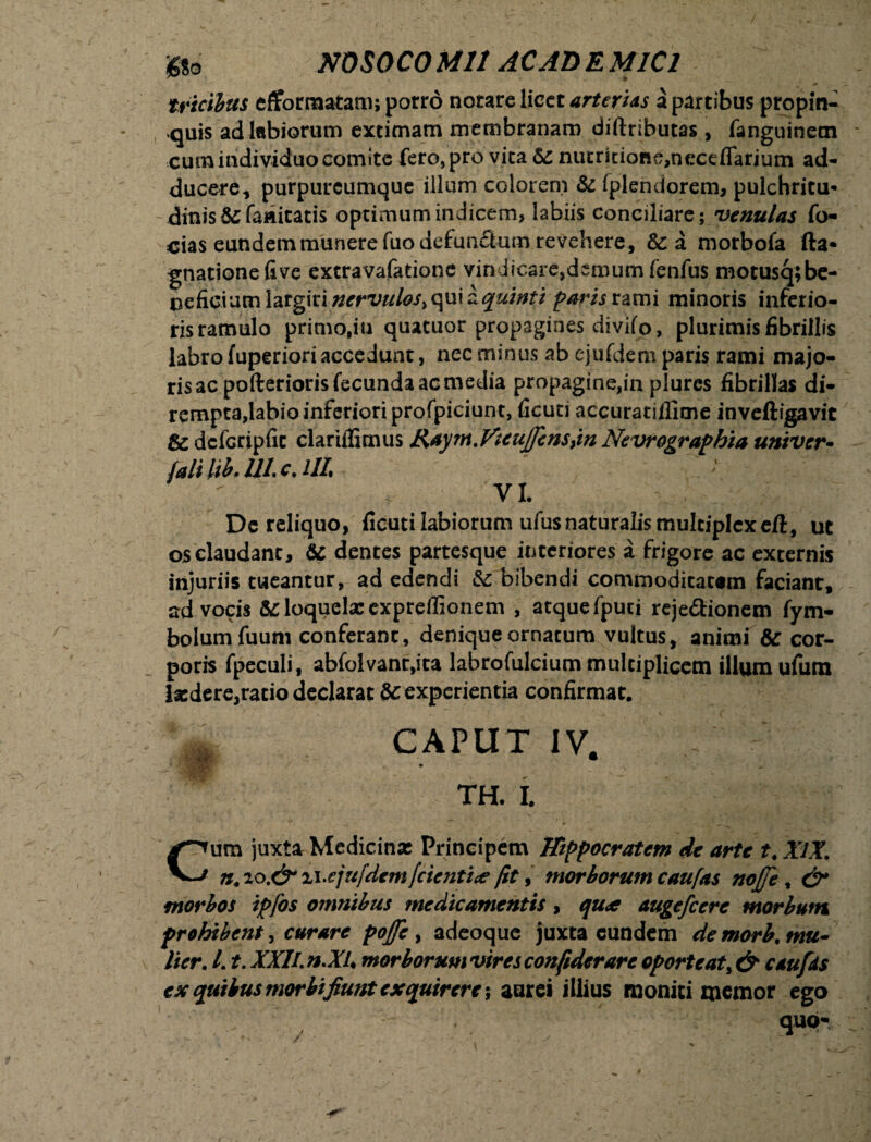 Uo UOSOCO MU AC AD E MlCl tricibus efformatam; porro notare licet arterias a partibus propin¬ quis ad labiorum extimam membranam diftrlbutas , fanguinem cum individuo comite fero, pro vita nutrition^neceflarium ad¬ ducere, purpurcumque illum colorem & Iplendorem, pulchritu¬ dinis & famtatis optimum indicem, labiis conciliare; venulas fo- <sias eundem munere fuo defunctum revehere, &: a morbofa fta* gnationefive extravafationc vindicare,demum fenfus motusq;be- oeficium largiri nervulos, qui a quinti paris rami minoris inferio¬ ris ramulo primo,iu quatuor propagines divifo, plurimis fibrillis labro fuperiori accedunt, nec minus ab ejufdem paris rami majo¬ ris ac pofterioris fecunda ac media propagine,in plures fibrillas di¬ rempta,labio inferiori profpiciunt, ficuti accuratillitne inveftigavic & dclGripfit clariflimus Rayrn.Vuujfensfin Nevrographia univer- (ali lib, 11L c. III\ VI. De reliquo, ficuti labiorum ufus naturalis multiplex eft, ut os claudant, & dentes partesque interiores a frigore ac externis injuriis tueantur, ad edendi &: bibendi commoditatem faciant, ad vocis &loquelxexpreffionem , atque fputi reje&ionem fym- bolumfuum conferant, denique ornatum vultus, animi & cor¬ poris fpeculi, abfolvant,ica labrofulcium multiplicem illum ufum laedere,ratio declarat &c experientia confirmat. CAPUT IV. TH. I. Cum juxtar Medicinas Principem Hippocratem de arte t. XIX. n,io.&x\.ejufdemfcicntice fit, morborum c au fas nojje , & morbos ipfos omnibus medicamentis, qu<e augefeere morbum frohihent, curare pojfc > adeoque juxta eundem de morb. mu¬ lier. /. t. XXII. n.Xl* morborum vires confiderare oporteat, & caufds ex quibus morbi jiunt exquirere \ aurei illius moniti memor ego ' y - quo-