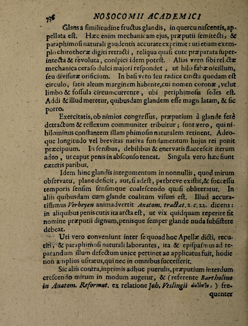 Glans a fimilitudinefru&usglandis, in quercu nafccntfs, ap¬ pellata eft. Ha:c enim mechanicam ejus, praeputii femitc&i, &C paraphimofi naturali gaudentis accurate exprimit: ucietiam^exem- plochirotherac digiti retrahi , reliqua quafi cute prarparatafuper- inte&a& revoluta, confpici idem poteft. Alias vero fibirehdae mechanicacerafo dulci majori refpondet , ut hilo faba: ofcillum, feu divifura: orificium. In bali vero (eu radice cin&a quodam eft circulo, fatis altum marginem habente,cui nomen corona: ,velut- limbo &: foflula circumcurrente , ubi periphimofis fedes eft. Addi & illud meretur, quibusdam glandem efle magis latam, & fic porro. Exercitatis,obnimio$ congreflus, prarputium a glande fere detra&um &: reflexum communiter tribuitur; funtvero, quini- hilo minus cpnftantem illam phimofin naturalem retinent. Adeo- que longitudo vel brevitas nativa fundamentum hujus rei ponit praecipuum. In fenibus, debilibus & enervatis flaccefcit iterum adeo, ut caput pcnismabfconfo teneat. Singula verohsecfiunt Citetis paribus. x Idem hinc glandis integumentum innonnullis, quod mirum obfervatu, planedeficit, aut,fiadeft, perbreve exiftit,& fucecffu temporis fenfim fenfimque coalefcendo quafi oblireratur. In aliis quibusdam cum glande coalitum vifum eft. Illud accura- tiflimusVerbeycn animadvertit Anatoni. tra&atA c.iz. dicens: in aliquibus penis cutis ita arfta eft, ut vix quidquam reperirefit nomine prxpucii dignum,penisque femper glande nudafubfifterc debeat. ' . _ ' Uti vero conveniunt inter fe quoad hoc Apellaf di&i, recu¬ titi, & paraphirhofi naturali laborantes, ita & cpifpafmusad re¬ parandum illum defe&um unice pertinet ac applicatus fuit, hodie non amplius uficatus,quinec in omnibusfucceflerit. Sic aliis contra,inprim is adhuc puerulis, prarputium interdum crcfcendo mirum in modum augetur, & (referente Bartholino in Atiatonu Reformat. cx relatione ]oh%Vc$lingii avlorlv > ) fre¬ quenter