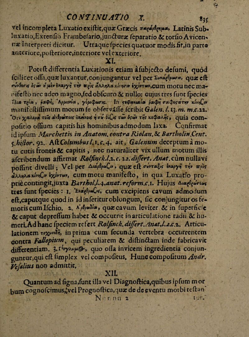 vd incompleta Luxatio cxiftit,qua: Graecis Latinis Sub- luxatio,Extentio Frambefario,jun<9:ura: feparatio &: tortio A viccn- nae Interpreti dicitur. Utraque fpccies quatuor modisiif>in parta anteriore,pofteriore,interiore vel exteriore. XI. Poteft differentia Luxationis etiam afubje&o defumi, quod fcilicec ofln,qua: luxantur,conjungantur vel per qua: cft rvvfenf ofeiv xftlv ivotpyq Tijr ctAAtiXx xlvq<n* ix*vrm>G\l\Xl HIOCU tlCC ma- mfcftd nec adeo magno,fedobfcuro Sc nullp: cujus tres fuot fpecies Ihat r(>lx , pxQv, 'hppmcx,, ylfttpaurif. In $i<popncclu pactyq o-oi fas-cerw xivyQiV manifeftiffimum mocumfe obfervaffe(cribit Galen.Liym. m.c.12. *On x&tepx TQ~f wfymiroif hutvoit >j cv^ifa r&v 6?av rfc xeQxXw, quia COm- pofitio offium capitis his hominibusadmodum laxa» Confirmat idipfum Marchctth tn Anatom. contraRiolan. & BartholinjCcnt. $'hz/tor.9i. AfoColufnkusl.i.c.q* ait, Galenum deceptum a mo¬ tu cutis frontis & capitis , nec naturaliter vix ullum motum illis aferibendum affirmat Rolfinck.lz. r. 22. differt. cum nulla vi poflint divelli ; Vel per AictfyuQiv > qua: cft ir*pyf tij* sroaf xlviCt* %x,qvtuy, cum motu manifefto, in qua Luxatio pro¬ prie contingit,juxta BartholJ.4,anat.reformx.i» Hujus tres funt fpecies : 1. cura excipiens cavum admodum eft,caputque quod in id inferitur oblongum, fic conjungitur 05 fe¬ moris cum Ifchio. 2. x'&#&<*, qua: cavum leviter & in fuperfidc & caput depreflum habet & occurrit in articulatione radii &: hu- meri.Adhanc fpeciem refert Rolfinck.dijfert./LnAtU.jtx.2. Articu¬ lationem Tc^v^ii, in prima cum fecunda vertebra occurrentem contra Fallopiu?ny qui peculiarem & diftin&am inde fabricavit differentiam, quo ofla invicem ingredienda conjun- guntur>qui eft fimplex vel compaficus, Hunc compotitum pefalius non admittit, ~ XII» Quantum ad tigna,funt illa vel Diagnoftica,quibus ipfum mor bum cognofcimus,jvel Prognoftica,qua: de de eventu morbi cefhn Nn r,- nu 2 iur.