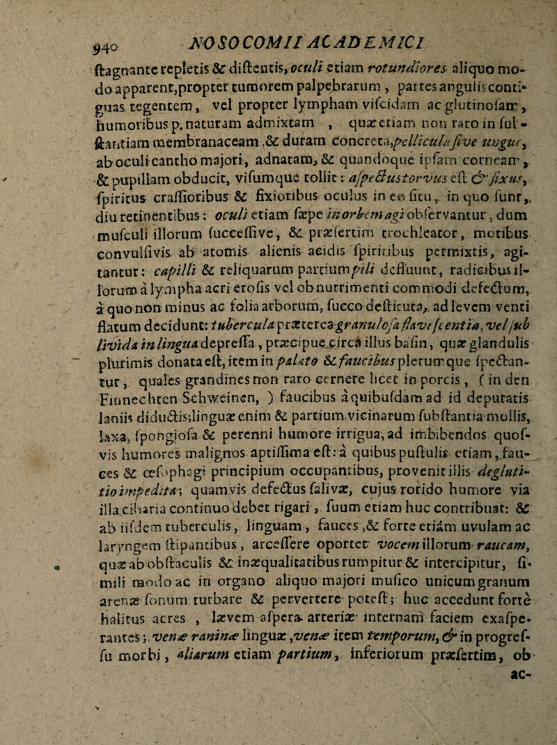 ftagnantc repletis Sc diftentis, oculi etiam rotundiores aliquo mo¬ do apparent,propter tumorem palpebrarum , partes angulis conti¬ guas tegentem * vel propter lympham vifcidam ac glutinofatr, humoribus p.naturam admixtam , quacetiam non raro in fui » ftantiam membranaceam .& duram concreta filiculafive iwgucy ab oculi cantho majori, adnatan^Sc quandoque ipfirm corneam, & pupillam obducit, vifumque tollit: afpeBustorvus eil &'fixusy fpiritus craflloribus & fixioribus oculus in eo fitu, in quo funr„ diu retinentibus: oculi etiam farpe inork?nagi obfer vantur. dum mufculi illorum (uceeffive, &£ prsdertim trechleator, moribus convulfivis ab atomis alienis acidis fpirir.ibus permixtis, agi¬ tantur: capilli &C reliquarum pardumftli defluunt, radieibusil- lorum a lympha acri erofis vel ob nutrimenti commodi defeflum, aquononminus ac folia arborum, fucco defticuta, adlevem venti flatum dtciduntv t ubercula^cXiQtQ^ granu/ofa favefc entia, vel jub livida in linguadepreflfa, praecipue circa illus bafin, quasglandulis plurimis donata eft, item in p alito Sc faucibus plerumque ipcflan¬ tur , quales grandines non raro cernere licet in porcis, (in den Fionechten Schweincn, ) faucibus aquibufdamad id depuratis laniis diduftisjlinguaeenim & partiumvieinarum fubItantia mollis, bxa, fpongiofa Sc perenni humore irrigua, ad imbibendos quof- vis humores malignos aptiflima efl::a quibuspuftulis etiam, fau¬ ces crfophagi principium occupantibus, provenit illis degluti- t{oimpeditA\ quamvis defeflus falivas, cujus rorido humore via illa.cibaria continuo debet rigari, fuum etiam huc contribuat: & ab iifdem tuberculis, linguam, fauces >& forte etiam uvulam ac laryngem ifipantibiis, arceflbre oportet vocem illorumraucam7 qu£ ab ob (faculis &:inaequalitatibus rumpitur intercipitur, fi« mili modo ac in organo ahquo majori inufico unicumgranum arenas fonum turbare 8c pervertere poteff; huc accedunt forte halitus acres , laevem afpera. arterias' internam faciem exafpe- rantes j verite ranin<e linguas7ven<e item temporum, & in progref- fu morbi, aliarum etiam partium, inferiorum prasfertim, ob ac-