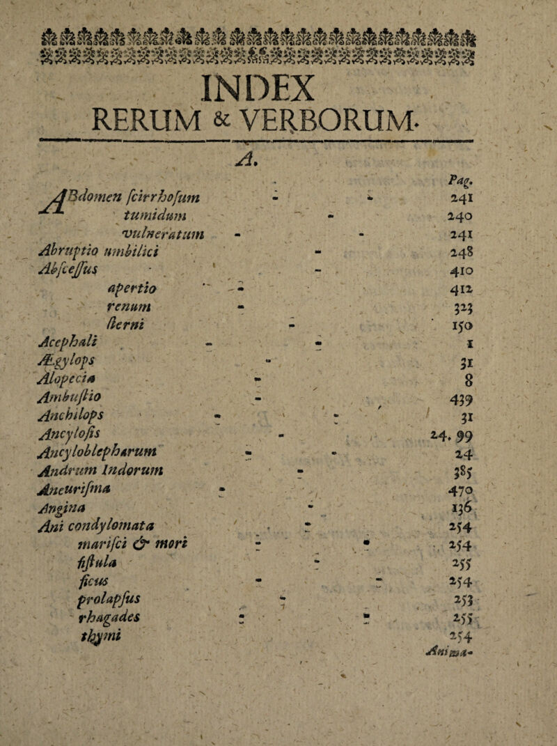 IN DEX RERUM & VERBORUM- / v ' ~a7 ~~ _ / •» . ABdomen [cirrhofum - * t*r*m ' tumidum vulneratum Abrupto umbilici Abftejfui ' apertio ” -•* renum demi - Ac eph ali - • ALgylop r Alopecia - ' «* Ambufiio - Ancbdops - - ' ! Ancy tofis [ - : „ Ancyloblep harum - Andrum Indorum Ancurtjnm Angina . - ... . condylomata • marifci & mori z * fiftula \ prolapfus - ‘ , j ^ f r 1 « ' rhagades * «* - \ * ■ ' - thymi ; Pag. 241 240 241 24S 410 412 150 8 439 3i 24. 99 24 470 136 254 •. 154 2,-4 i>3 2-5) 254 2>;J- V