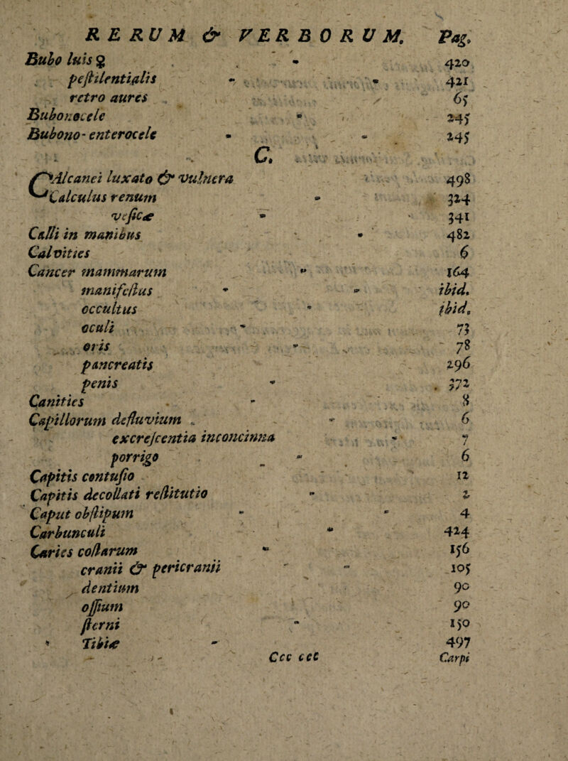 Bubo luis g • peflilentifllis •« retro aures Bubo nocete J * ' i. f _ V' Bubono- enterocele - c f^Aicanci luxato & vulnera ^Calculus renum *vtfic<e Calli in manibus Calvhses > ' Cancer mammarum manifcilas occultus oculi , * oris ** \ < k\ - '■ . •* pancreatis penis Canities Capillorum defluvium , excrejcentia inconcinna porrigo Capitis contufio Capitis decollati reditutio Caput obflipwn Carbunculi Caries codarum cranii & pericranii dentium ojftum flertii * libi# r j - Cee ccC 410 411 24) *4J 498 3*4 34i 482 6 164 ibid. ibide 7? - 78 296 . 37* 8 6 / 6 12 2 4 424 Ij6 105 9° 90 150 497 Carpi