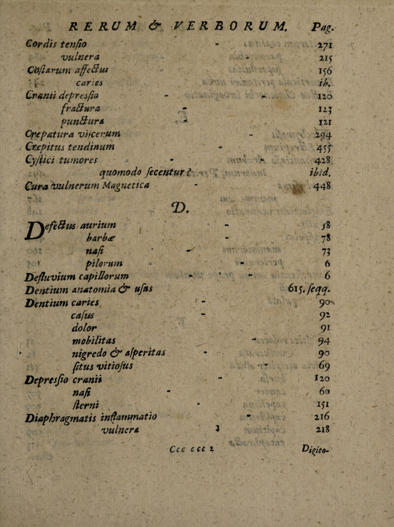 '* . -I Cordis tenfio - ■: - vulnera : * Qbft&rutn affeBus - .t ‘ xcaries !' - „ ' ■•*' ', ' Cranii depresfio fr altura pUnSur* *; - Crepatur a vijcenum Crepitus tendinum 1 - CyIlici tumores * ^ -v-vT quomodo fecenturl ' ' Cura vulnerum Magnetica <D. T^efe3t us aurium barbde na fi 1 pilorum Defluvium capillorum Dentium anatomia & ufas Dentium caries cafus dolor mobilitas nigredo & afpcritas [itus vitiojus Depresjio cranii nafl demi \ Diaphragmatis inflammatio vulnera i - 171 115 1 $6 th. izo u; 111 'i?4 45) 418 ihid. 448 /8 7» 7? 6 6 6\'j.fcqq. yo r- 91 94 9° 69 120 f 60 116 21S Ccc c cc z 'i ^