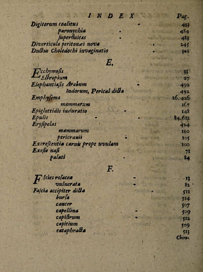 Digitorum coalitus paronychia *v fupermitas Diverticula peritonaei noVa DuSm Choledochi invaginatio E, Tpcchywo/is '*~mJ E&ropium Elephantiajis Aralmn Indorum% Perical di3a Emphjfema mammarum Epiglottidis induratio Epulis Eryfipelas mammarum pericranii » Excrefcentia carnis prope uvulam Exejto nafi palati F. Tjlctcs rofacea vulnerata Fajcia accipiter diSa burfa cancer capellina capiUrum capitium eataphraSs 483 484 48?' 24* 3$i tf- n 492 492 26.426 1C7 148 84.612 424 160 loj loo 7i 84 82 fn 5i4 507 509 $12 J09 Chire*