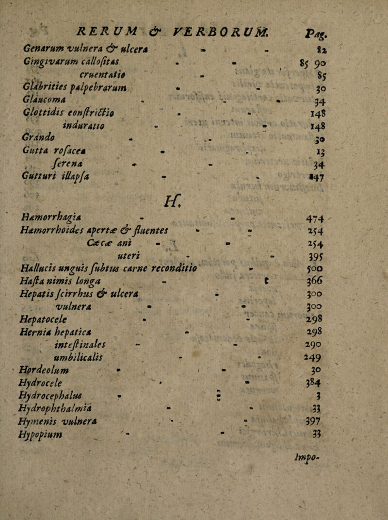 / F-Ws RERUM & VERBORUM Genarum vulnera & ulcera » Gingivarum callo fit ai . cruentatio Gldbrities palpebrarum • Glaucoma - \ v , Glottidis conjlrittio induratus - ^ - Grando Gutta rofacea . > ferena * Gutturi illapfa HI Hamorrhagia Hamorrhoides apertae & fluentes Cdc<e ani uteri Hallucis unguis fubtus carne rcconditio Hafla nimis longa Hepatis Jcirrhus & ulcera vulnera Hepatoccle > Hernia hepatica inteflinales umbilicalis ' Hordeolum * • Hydrocele Hydro cephalus • Hydrophthalmia Hymenis vulnera Hypopium p* %z 85 90 8)' ?o 94 148 148 3® *3 94 »47 474 »94 »54 395 500 366 300 300 198 298 290 »49 30 384 3 33 397 3? Iwvo- X