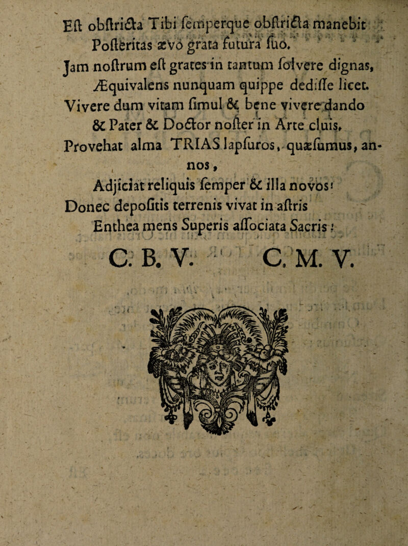 Ii x • * Eft obftri&a Tibi femperque obflri£la manebit Poft&ritas *Vd grata futuri fuo. Jam noftrum eft gratesin tantum foivere dignas, Aiquivalens nunquam quippe dedifle licet. Vivere dum vitam fimul & bene vivere dando 8C Pater 6c Dodlor nofter in Arte cluis;» Provehat alma TRIASlapfuros, quadumus, an¬ nos , Adjiciat reliquis (emper & illa novos-' Donec depofitis terrenis vivat in aftris Enthea mens Superis alTociata Sapris i ■ I ' i : l • - • •' C. B. V. r. \ f v \ N / S 4