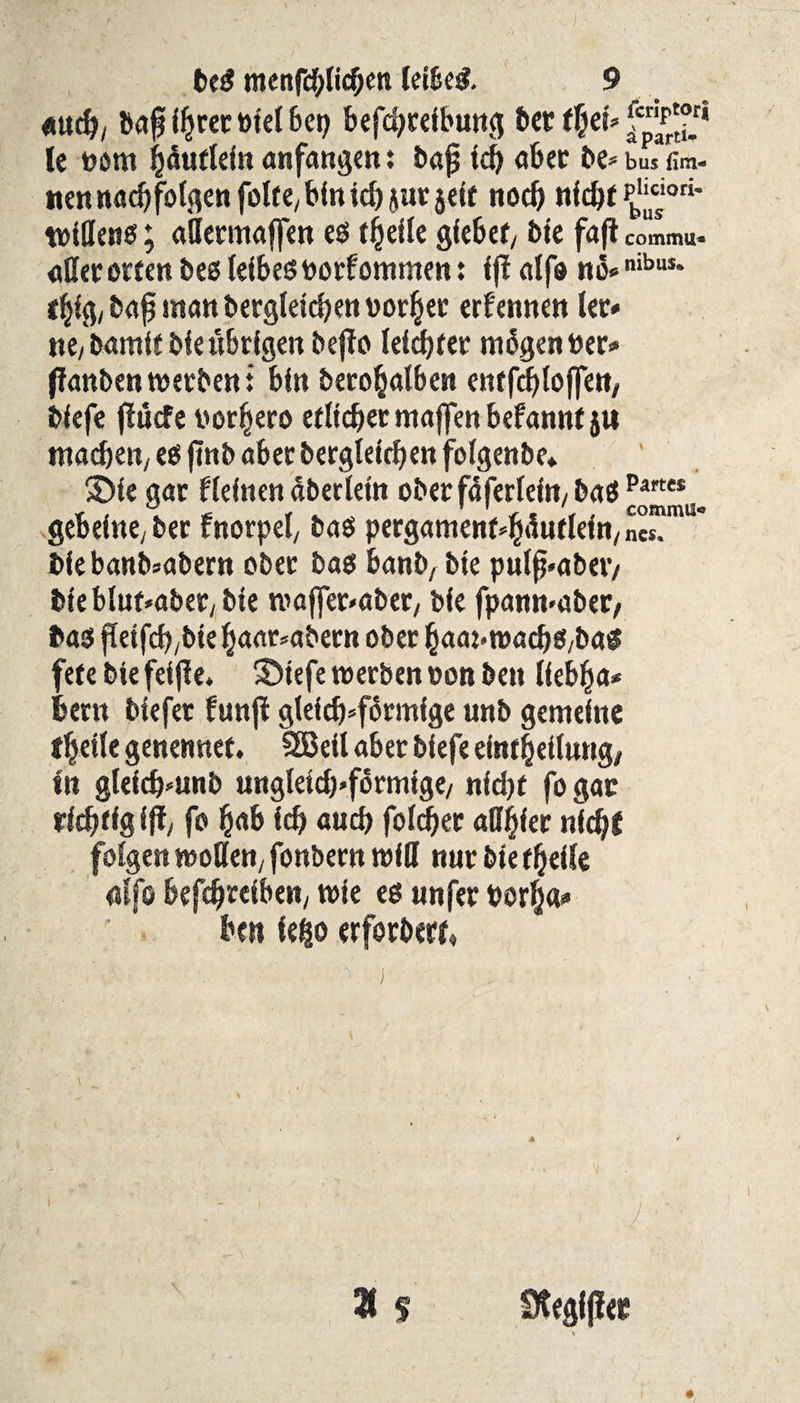 auch, »af^mütcl6ep befchreibung bet tfjeU (e t>om hduftein anfangen: bajj id) aber be* bus Ura¬ lten nachfolgen folf e/ bin icf) jur jeit noch ntdjf pJ“'0* willens; aßermaffen es fheile giebef/ bie fafi commu* aßet orten bes leibesporfomment fff alf« nö*nibus* «big, bafi man begleichen normet ernennen ler* ne, bamtt bie übrigen befio leister mSgenber* flanben werben: bin berofcalben entfchloffen, biefe ffuefe porfjero etlicher maffen befannt jit machen/ es ftnb aber begleichen folgen be* ©ie gar fleinen aberletn ober fäferleta/ baS gebeine/ber fnorpef bas pergament*häutlefn/ n«”mu” biebanb^abern ober bas banb/ bte pulp»abeiv bieblut*abet/bie roaffer*aber/ bie fpanwabet; bas fleifch/bie haar*abern ober haan wachS/baS fete bie fetjle. 35iefe werben non ben lieb^a* fern biefet fünft gteicf>*fdvmigc unb gemeine f^eile genennet. 2Beil aber biefe eintheilung, in gleiehmnb ungleich-förmige/ nicht fo gar rfchtigifi/ fo h<rä ich auch folget aßjjfer nicht folgen woßen/ fonbern wiß nur bietheile alfo befchreiben/ wie es unfer Porh«*» ■ , ben ie|o erforbert» Stegijie«