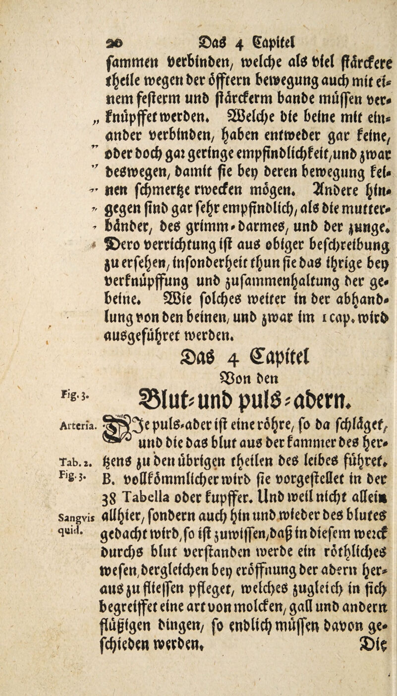 famnten BerBinbeit, n>eld>e al# Diel fordere t^efle wegen bet öfftern Bewegung aud> mit ei* nem fefierm nnb jiäreferm banbe muffen ver* „ fnüpffet werben. SÖJeldje ble Beine mit ein* anber »erbfnben, §aBen entweber gar feine,  ober bocB ga: geringe empfinbllcBfeif,unb jwac ■' be«wegen, bamlr fie bep beren Bewegung fei» - nen fdjmerBe rweefen mögen. 2fn&ere Bin* » gegen pnb gar fe^r empflnbltcB, al« ble mutter* - bänber, be# grimm * barme«, unb ber junge» * !Dero Verrichtung Iff au« obiger Beitreibung juerfeBen/lnfonberBett fBunfteba# Irrige bep verfmipffung unb jufammenBaltung ber ge» Beine. 2Bie fold)e# weiter In ber abBanb» lung von ben Beinern unb jwar im i cap. wirb «uegefüBref werben. 4 <£aptW 28on ben rig3- Slu^unbpulö^abcrtt» Altem. ^S^epul^aberlff eineroBre, fo ba fdjlägef, unb ble ba« bluf au« bet fammer be# Ber» Tab. i. Ben« jti ben übrigen tBeiten be« leibe« fistet» Fis 3- b. voßfömmllcberwirb fie »orgefMef in ber 38 Tabelia ober fupjfer. Unb weil nid)t allem Sangvis aüBier, fonbern aud> Bin unb wieber be« blute# gebacBt wlrb,fo ifl juwlffen/bafjinbiefcm wetef burd)« bluf verffanben werbe ein rötBl(d)e# wefen(bergleid>en bep croffnung ber abfrn Ber* au« jufiie|fen pfleget, welche# jugfetd) in fid? Begreiffeteine artoonmolcfen, gaH unb anbern flüjjfgen hingen, fo enblicB muffen bavon ge» jcBieben werben» 3)it 1