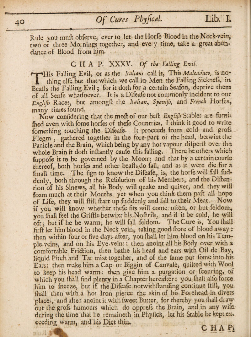 S&gtaSfexsWo Of Cures PbyficaL 40 Lib. L Rule you muft obferve, ever to let theHorfe Blood in the Neck-vein, two or three Mornings together, and every time, take a great abun¬ dance of Blood from him. CHAP. XXXV. Of the Falling Evil. THis Falling Evil, or as the Italians call it* This Malcaaaco, is now thing elfe but that which we call in Men the Falling Sicknels, in Beafis the Falling Evil; for it doth for a certain Seafon, deprive them of all Senfe whatfoever. It is a Difeafenot commonly incident to our jEngltfi) Races, but amongft the Italian^ Spanijh, and French Horfes, many times found. Now confidering that the mod of our bed English'Stables are furnU died even with fome horfes of thefe Countries, I chink it good to write fomething touching the Difeafe. It proceeds from cold and., grofs Flegm , gathered together in the fore-part of the head, betwixt the Panicle and the Brain, which being by any hot vapour difperft over the whole Brain it doth inftantly caufe this falling. There be others which fuppofe it to be governed by the Moon; and that by a certaincourls thereof, both horfes and other beads do fall, and as it were die for a fmall time. The fign to know the Difeafer is, the horfe will fall fud* denly, both through the Refolution of his Members, and the Diden- tion of his Sinews, all his Body will quake and quiver, and they will foam much at their Mouths, yet when you think them pad all hope of Life, they will dill dart up fud denly and fall to their Meat. Nov/ if you will know whether thefe fits will come often, or but feldom, you /hall feel the Gridle betwixt his Nodrils, and if it be cold, he will oft} but if he be warm, he will fall feldoni. The Cure is, Youfhall fird let him blood in the Neck vein, taking good dore of blood away: then within four or five days after, you fhall let him blood on his Tem¬ ple -veins, and on his Eye-veins: then anoint all his Body over with a comfortable Friction, then bathe his head and ears with Oil de Bay, liquid Pitch and Tar mixt together, and of the fame put fome into his Ears: then make him a Cap or Biggin of Canvafe, quilted with Wool to keep his head warm : then give him a purgation or fcouring, of which you fhall find plenty in a Chapter hereafter: you fhall alfo force him to fheeze, but if the Difeafe notwithdanding continue dill, you fhall then with a hot Iron pierce the skin of his Forehead in divers places, and after anoint it with fweet Butter, for thereby you fhall draw out the grofs humours which do opprels the Brain, and in any wife during the time that he remaineth in Phyfiek, let his Stable be kept ex* seeding warm, and his Diet thinu ~ • CHAP,
