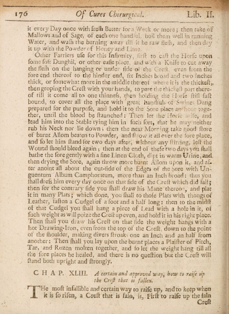 ' ..- - k ever}/Day once withfrefli Butter fora.vV-ek or more; then take of Mallows and of Sage, of eachohe handful boil them well in running Water, and wafii the burning away dll it be raw ffefh, and then dry it up with the Powder of Honey and'Lime- Ocher Farriers uie for this Infirmity, iirlt to caft the Horfe upon Come foft Dunghii, or other eafie place, and with a Knife to cut away the flefh on the hanging or under fide of the Greff even from the fore end thereof to the hinder end, fix Inches broad and two Inches thick, or foinewhat more in the middle diei eot where it is the thickeft^ then groping the Creft with your hands, co pare the thicSef) pare there¬ of till it come all to one thinnets, then holding the Horfe (till faft bound, to coverall the place with great handfuls of ’Swines Dung prepared for the purpoie, and hold it to the Sore place an hour toge¬ ther, until the blood be ftaunched : Then let he tfone as He, and lead him into the Stable tying him in fhch fort, that he may neither rub his Neck nor lie down> then the next Morrhlg take good (lore of burnt Allom beaten to Powder, and Pn ow it ail over the fore place, and folet him ftandfor two days after, without any ftirring, left the Wound fliould bleed again * then at the end of thefe two days you fhali bathe the fore gently with a fine Linen Cloth, dipt in warm Urine, and, then drying the Sore, again throw more burnt Adorn upon it, and af¬ ter anoint all about the cut-fide of the Edges of the Sore with Un- guentum Album Camphoratum, more than an Inch broad: thus you ihalldrefs him every day once on that fide of the Creft which did fall j then for the contrary fide you (hall draw his Mane thereo f and plat it in many Plats; which done, you fliall to thofe Plats with thongs of Leather, faften a Cudgel of a foot and a half long: then to themidfl o! that Cudgel you (hall hang a piece of Lead with a hole in it, of fuch weight as will poize the Creft up even, and hold it in his right place. Then Ihali you draw his Creft on that fide the weight hafigs with a hot Drawing-Iron, even from the top of the Creft down to The point of the fhoulder, making divers ftroaks one an Inch and an half from another: Then Ihali you lay upon the burnt places a Plaifter of Pitch, Tar, and Rozen molten together, and folet the weight hang till all the fore places be healed, and there is no queftion but the Creft will ftand both upright and ftrongly. ( » C H A P. XLIII. A certain and approved 2way.^ how to raife up the Crefi that ts fallen. He moft infallible and certain way to raife up, and to keep when it is fo rifen, a Creft that is fain, is, Firft to raife up the fain G Creft