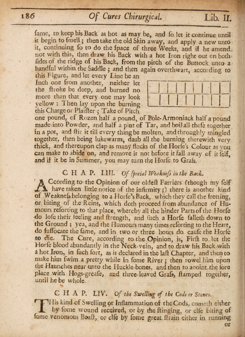 fame,. to keep his Back as hot as may be, and fo let it continue until it begin to fniell * then take the old Skin away, and apply a new unto it, continuing fo to do the {pace of three Weeks, and if he amend not with this, then draw his Back with a hot Iron right out on both fides of the ridge of his Back, from the pitch of the Buttock unto a handful within the Saddle $ and then again overthwart, according to this Figure, and let every Line be an Inch one from another, neither let the Broke be deep, and burned no more than that every one may look ' yellow : 1 hen lay upon the burning this Charge or Plaifler ; Take of Pitch one pound, of Rozen half a pound, of Bole-Armoniack half a pound made into Powder, and half a pint of Tar, and boil all ehefe together in a pot, and Bir it till every thing be molten, and throughly mingled together, then being lukewarm, daub all the burning therewith very thick, and thereupon clap as many flocks of the Horfe’s Colour as you can make to abide on, and remove it not before it fall away of it felf, and if it be in Summer, you may turn the Horfe to Grafs, C H A P. LI IX. Of fecial Weaknefs in the Back. Ccording to the Opinion of our oldefi Farriers (though my felf have taken little notice of the infirmity ;) there is another kind of Weaknefs belonging to a Horfe’s Back, which they call the fretting, or biting of the Reins, which doth proceed from abundance of Hu¬ mours. reforting to that place, w lie re by all the hinder Parts of the Horfe do lofe their feeling and {Length, and fuch a Horfe falleth down to the Ground ; yea, and the Humours many times reforting to the Heart, do fuffocate the fame, and in two or three hours do caufe the Horfe to die. The Cure, according to the Opinion, is, Firft to let the Horfe blood abundantly in the Neck-vein, and to draw his Back with & hot Iron, in fuch fo rt, as is declared in the laB Chapter, and then to make him fwim a. pretty while in fome River; then rowel him upon the Haunches near unto the Huckle-bones, and then to anoint, the fore place with Hogs-greafe, and three-leaved Grafs> fiamped together, until he be whole. - 11 ---J 11 1:1 1 ■ : i G H. A P. LIV. Of the Swelling of the Cods or Stones. r|HXIis kind -of Swelling or Inflammation of the Cods, come h either JL by fome wound received, or by the Binging., or elfe biting of fame venomous B&*B, or elfe by fome great. Brain either in running or