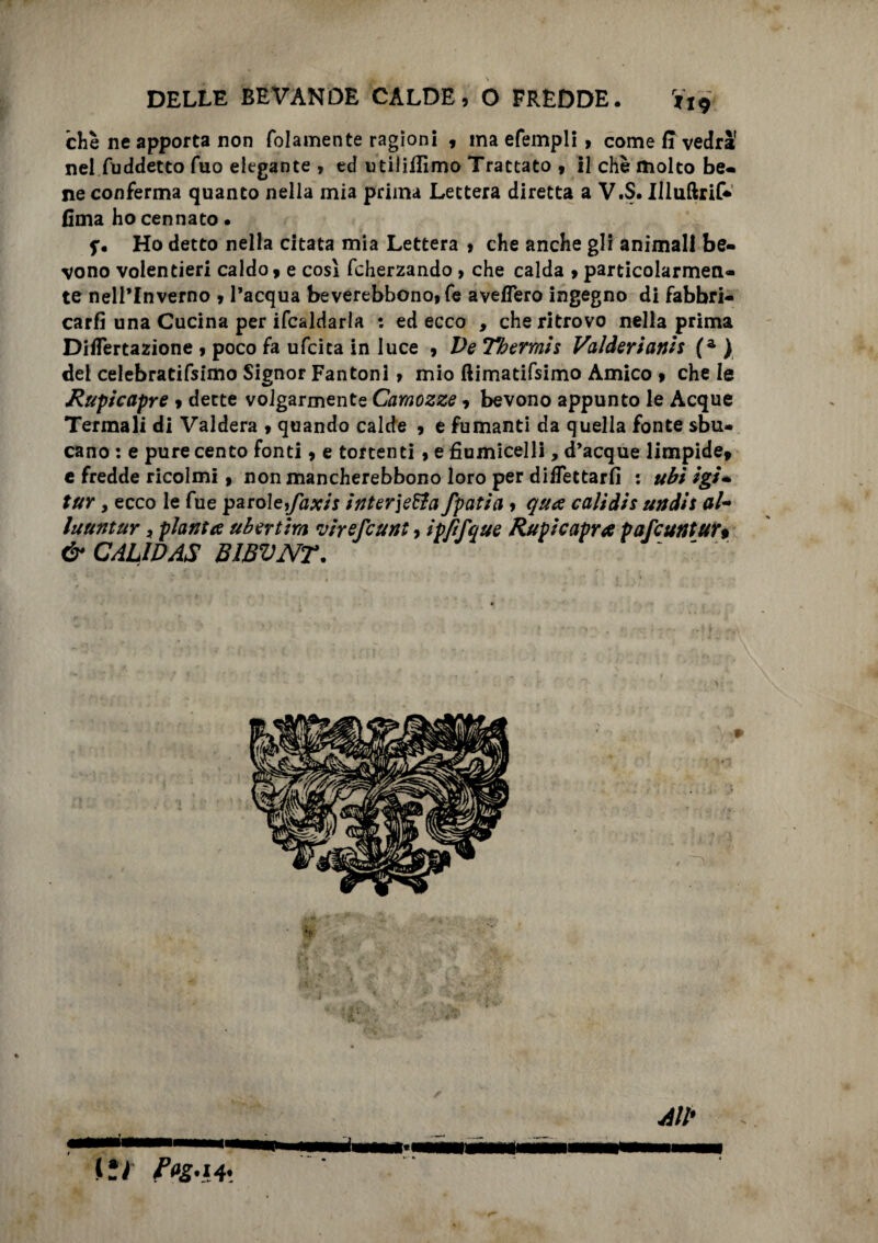 che ne apporta non fidamente ragioni , ma efempli, come fi vedrà' nel fuddetto fuo elegante , ed utiliilìmo Trattato , il che molto be- ne conferma quanto nella mia prima Lettera diretta a V.S. Uluftrif* (ima ho cennato • Ho detto nella citata mia Lettera , che anche gli animali be¬ vono volentieri caldo, e cosi fcherzando , che calda > particolarmen¬ te nell’Inverno , l’acqua beverebbono,fe aveflero ingegno di fabbri¬ carli una Cucina per ifcaldarla : ed ecco , che ritrovo nella prima Diflertazione , poco fa ufcita in luce , Ve Therraii Valderianis (a ) dei celebrassimo Signor Fantoni , mio ftimatifsimo Amico , che le Rupicapre , dette volgarmente Camozze, bevono appunto le Acque Termali di Valdera , quando calde , e fumanti da quella fonte sbu¬ cano : e pure cento fonti, e torrenti, e fiumicelli, d’acque limpide, e fredde ricolmi , non mancherebbono loro per diiTettarfi : ubi igi~ tur y ecco le fue paro\e,faxis interdetta fpatia, qua calidis un dii al- luuntuY y pianta ubertim ^irefcunty ipfìfaue Rupi capra p afe un tur$ &CAL1VAS BIBVNT. r ÌS't P*g'}A\