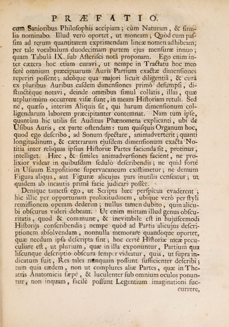 cum Sanioribus Philofophis accipiam ; cum Naturam, & fimi* lia nominabo. Illud vero oportet, ut moneam; Quod cum pafl fim ad rerum quantitatem exprimendam lineae nomen adhibeam, per tale vocabulum duodecimam partem ejus menfurae innuo; quam Tabula IX. fub Afterifci nota proponam. Ego eriim in¬ ter caetera hoc etiam curavi, ut nempe in Trafratu hoc meo fere omnium praecipuarum Auris Partium exaftae dimenfiones reperiri poflent; adebque qua majori licuit diligentia, cura ex pluribus Auribus eafdem dimenfiones primo defutnpfi, di- fhndteque notavi, deinde omnibus fimul collatis, illas, quae utplurimum occurrere vifae funt ,inmeam Hiiloriam retuli. Sed ne, quaefo , interim Aliquis fit, qui harum dimenfionum col¬ ligendarum laborem praecipitanter contemnat. Nam tum ipfe, quantum hic utilis fit Auditus Phaenomena explicanti, ubi de Ufibus Auris , ex parte oftendam: tum quifquis Organum hoc, quod ego defcribo, ad Sonum fpe&are, animadverterit; quanti longitudinum, caeterarum ejufdem dimenfionum exa<51:a No¬ titia inter reliquas ipfius Hiftoriae Partes facienda fit, protinus, intelliget» Haec , &€ fi miles animadverfiones facient, ne pro¬ lixior videar in quibufdam fedulb defcribendis; ne quid forte • in Ufuum Expofitione fupervacaneum exiftimetur; ne demum Figura aliqua, aut Figurae alicujus pars inutilis cenfeatur; ut quidem ab incautis prima facie judicari poflbt; -• Denique tametfi ego, ut Scripta haec perfpitua evaderent ; hic illic per opportunam prolixitudinem , ubique vero per Ityli remiflionem operam dederim ; nullus tamen dubito , quin alicu¬ bi obfcurus videri debeam. v Ut enim mittam illud genus obfcu- ritatis, quod Sc commune, £c inevitabile efl: in hujufcemodi Hiftorijs confcribendis; nempe quod ad Partis alicujus deferi- ptionem abfolvendam , nonnulla memorafe quandoque oportet, quae necdum ipfa deferipta fint; hoc certe Hiftori^ nlete pecu- culiare efi;, ut plurium , quae in illa exponuntur, Partium qua lifcunque deferiptio obfcura lemper videatur , quia , ut fupra in¬ dicatum fuit, Kes tales ntequam pofliint fufficienter deferibi; tum quia eaedem , non ut complures aliae Partes, quae in The¬ atris Anatomicis fsepe , 8c luculenter fub omnium oculos ponun¬ tur*- non inquam, facile poilunt Legentium imaginationi fuc- ourrere,