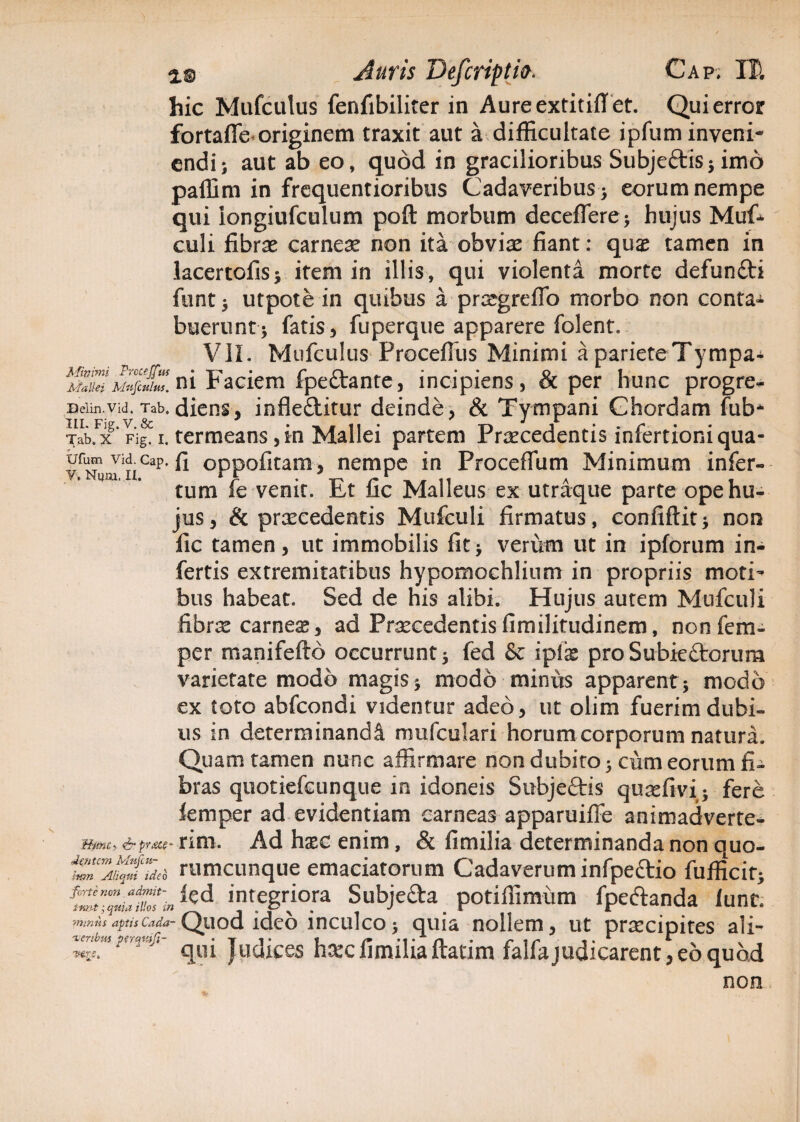 hic Mufculus fenfibiliter in Aureextitiflet. Qui error fortafle-originem traxit aut a difficultate ipfum inveni¬ endi; aut ab eo, quod in gracilioribus Subjeftis; imo paffim in frequentioribus Cadaveribus ; eorum nempe qui iongiufculum poft morbum deceflere; hujus Miffi culi fibra: carneae non ita obviae fiant: quae tamen in lacertofis; item in illis, qui violenta morte defunfti funt; utpote in quibus a praegreflb morbo non conta-i buerunt; fatis, fuperque apparere folent. VII. Mufculus Proceffiis Minimi a parieteTympa-i Faciem fpe&ante, incipiens, & per hunc progre- Delin.Vid. Tab» diens, infleftitur deinde, & Tympani Ghordam fub* xab.Fx‘ Fig. i. termeans ,in Mallei partem Procedentis infertioniqua- Ufum Vid Gap. fi oppofitam, nempe in Proceffum Minimum infer- y.Nqm.n. rr . /*r_, ,, A . tum le venit. Jbt iic Malleus ex utraque parte ope hu¬ jus, & procedentis Mufculi firmatus, confiftit; non fic tamen, ut immobilis fit; verum ut in ipforum in¬ fertis extremitatibus hypomochlium in propriis moti¬ bus habeat. Sed de his alibi. Hujus autem Mufculi fibro carneo, ad Procedentisfimilitudinem, nonfem- per manifefto occurrunt 5 fed & ipix pro Subiedtorura varietate modo magis ; modo minus apparent; modo ex toto abfcondi videntur adeo, ut olim fuerim dubi¬ us in determinandi mufculari horum corporum natura. Quam tamen nunc affirmare non dubito; cum eorum fi¬ bras quotiefcunque in idoneis Subje&is quofivi; fere femper ad evidentiam carneas apparuiffe animadverte- &pr*ce‘ rim. Ad haec enim, & fimilia determinanda non quo- i^CM$l7deh rumcunque emaciatorum Cadaverum infpeftio fufficit; lcd integriora Subjeda potiffimiim fpeftanda iunt. miniis aptis Cada~ Quod ideo inculco; quia nollem, ut praecipites ali- jU(j'ces haec fimilia ftatim falfa judicarent, eo quod non