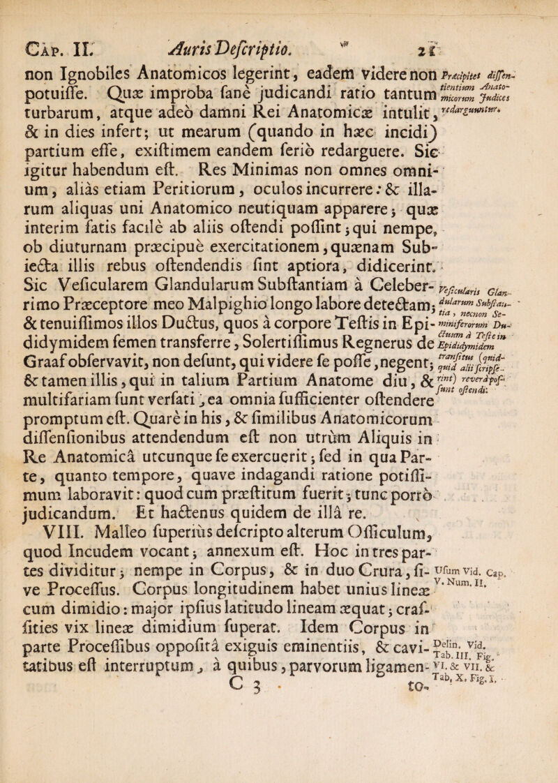 non Ignobiles Anatomicos legerint, eadem videre non Praecipitet dijjen- potuifife. Qi\x improba fane judicandi ratio tantum tlZtZh jldZ turbarum, atque adeo damni Rei Anatomicae intulit,udarzumtKU & in dies infert; ut mearum (quando in haec incidi} partium effe, exiftimem eandem ferio redarguere. Sic igitur habendum eft. Res Minimas non omnes omni¬ um, alias etiam Peritiorum, oculos incurrere :& illa¬ rum aliquas uni Anatomico neutiquam apparere ; quae interim fatis facile ab aliis oftendi poflint;qui nempe, ob diuturnam praecipue exercitationem,quaenam Sub- ie£ta illis rebus oftendendis fint aptiora, didicerint/ Sic Veficularem Glandularum Subftantiam a Celeber- reftctMs G{an_ rimo Praeceptore meo Malpighio longo labore dete&am; dt?Zr™mnfT~ & tenuiffimos illos DuQrus, quos a corpore Teftis in Epi- muniferorum Du~ didymidem femen transferre, Solertiffimus Regnerus dc Graaf obfervavit, non defunt, qui videre fe poffe ,negent; ZtZfmpjf. 6ctamen illis,qui in talium Partium Anatome diu , multifariam funt verfati ea omnia fufficienter oftendere promptum eft. Quare in his, & fimilibus Anatomicorum diflenfionibus attendendum eft non utrum Aliquis in Re Anatomica utcunque fe exercuerit ;fed in qua Par¬ te, quanto tempore, quave indagandi ratione potiffi- mum laboravit: quod cum prasftitum fuerit; tunc porro judicandum. Et haftenus quidem de illa re. VIII. Malleo fupeniis deferipto alterum Ofliculum, quod Incudem vocant; annexum eft. Hoc in tres par¬ tes dividitur; nempe in Corpus, & in duo Crura, fi- via. c*P. ve Proceflus. Corpus longitudinem habet unius linese V‘Num,II“ cum dimidio: major ipfius latitudo lineam sequat; craf- iities vix lineae dimidium fuperat. Idem Corpus in parte Proceffibus oppofita exiguis eminentiis, & cavi- ^‘jo¬ catibus eft interruptum., a quibus, parvorum ligamen- Vil & C 2 .  tO.Tab,X,Fig*L