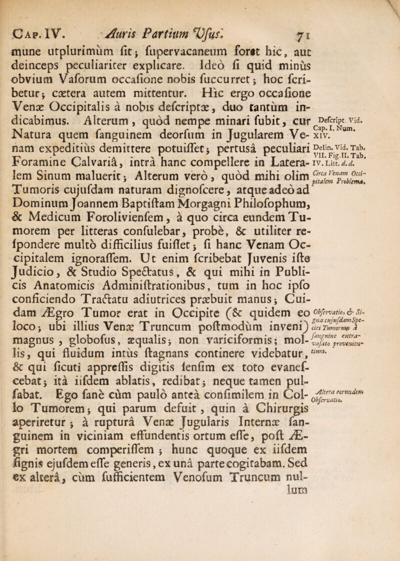 mune utplurimum fit5 fupervacaneum fortt hic, aut deinceps peculiariter explicare. Ideo fi quid minus obvium Vaforum occafione nobis fuccurret * hoc feri- betur* cetera autem mittentur. Hic ergo occafione Vente Occipitalis a nobis deferiptae, duo rantiim in¬ dicabimus. Alterum , quod nempe minari fubit, cur r>efcriPt. via. Natura quem fanguinem deorfum in Jugularem Ve-xLv.I Num’ nam expeditius demittere potuiffet* pertusa peculiari DeIin*vid*Ta> roramme Calvaria, intra hanc compellere in Latera-iv.Lkt.^. lem Sinum maluerit* Alterum vero, quod mihi olim^jfp^w Tumoris cujufdam naturam dignofeere, atque adeo ad Dominum Joannem Baptiftam Morgagni Philofophum, & Medicum Forolivienfem, a quo circa eundem Tu¬ morem per litteras confulebar, probe, & utiliter re- Ipondere multo difficilius fuiflet* fi hanc Venam Oc¬ cipitalem ignoraffem. Ut enim feribebat Juvenis ifte Judicio, & Studio Speftatus, & qui mihi in Publi¬ cis Anatomicis Adminiftrationibus, tum in hoc ipfo conficiendo Tractatu adiutrices praebuit manus* Cui¬ dam AEgro Tumor erat in Occipite (& quidem e loco* ubi illius Venae Truncum poftmodiim inveni} cici Tumorum magnus, globofus, aequalis* non variciformis; mol lis, qui fluidum intiis ftagnans continere videbatur,iltm- & qui ficuti appreflis digitis ienfim ex toto evanef- cebat* ita iifdem ablatis, redibat* neque tamen pul- fabat. Ego fane cum paulo antea confimilem io Coi- ZjerZtZmdm lo Tumorem* qui parum defuit, quin a Chirurgis aperiretur * a ruptura Venae Jugularis Internet fan¬ guinem in viciniam effundentis ortum effe, poft AE- gri mortem comperiffem * hunc quoque ex iifdem lignis ejufdemeffe generis, ex una parte cogitabam. Sed ex altera % ciim fufficientem Venofum Truncum nul¬ lum