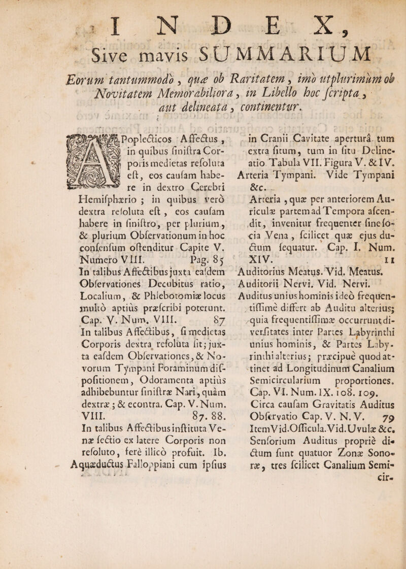 Sive mavis S U MMAR IUM Eorum tantummodo , qua? ob Raritatem , imo ut plurimum Novitatem Memorabiliora , in Libello hoc /cripta , . aut delimata , continentur. . , ■ - ' * . .4 . <•' v J i .: |||||,Popledicos Affedus , yg§ in quibus finiftraCor- poris medietas refoluta ilS pnc raitRim hnhe- eO:, eos caufam habe¬ re in dextro Cerebri Hemifphaerio ; in quibus vero dextra refoluta eft , eos caufam habere in finihro, per plurium, 8c plurium Oblervationum in hoc con£enfum offenditur Capite V. Numero VIII. Pag. 85 In talibus Affedibus juxta eafdem Obfervationes Decubitus ratio, Localium, & Phlebotomiae locus multo aptius prsefcribi poterunt. Cap. V* Num. VIII. 87 In talibus Affedibus, fi medietas Corporis dextra refoluta iit; jux¬ ta eafdem Obiervationes,&: No¬ vorum Tympani Foraminum dif- pofitionem, Odoramenta aptius adhibebuntur fmiftrae Nari,quam dextra?; & econtra. Cap. V.Num. VIII. ^ 87. 88. In talibus Affedibus inftituta Ve¬ na? fedio ex latere Corporis non refoluto, fere illico profuit. Ib. Aquaedudus Falloppiani cum ipfius in Cranii Cavitate apertura tum extra fitum, tum in fitu Deline¬ atio Tabula VII. Figura V. & IV. Arteria Tympani. Vide Tympani &c. Artejria , quse per anteriorem Au¬ ricula partem ad Tempora afcen- ,dit, invenitur frequenter finefo- cia Vena , fcilicet quas ejus du- dum fequatur. Cap. I. Num. XIV. 11 Auditorius Meatus. Vi d. Meatus. Auditorii Nervi. Vid. Nervi. Auditus unius hominis ideo frequen- tiflime differt ab Auditu alterius; ^quia frequentiflimae occurrunt di- veriltates inter Paries Labyrinthi unius hominis, & Partes Laby¬ rinthi alterius; praecipue quod at¬ tinet ad Longitudinum Canalium Semicircularium proportiones. Cap. VI. Num. IX. 108. 109. Circa caufam Gravitatis Auditus Obfcrvatio Cap. V. N. V. 79 ItemVid.Oflicula.Vid.Uvulae &c. Senforium Auditus proprie di* dum funt quatuor Zonae Sono¬ rae , tres fcilicet Canalium Semi- cir-