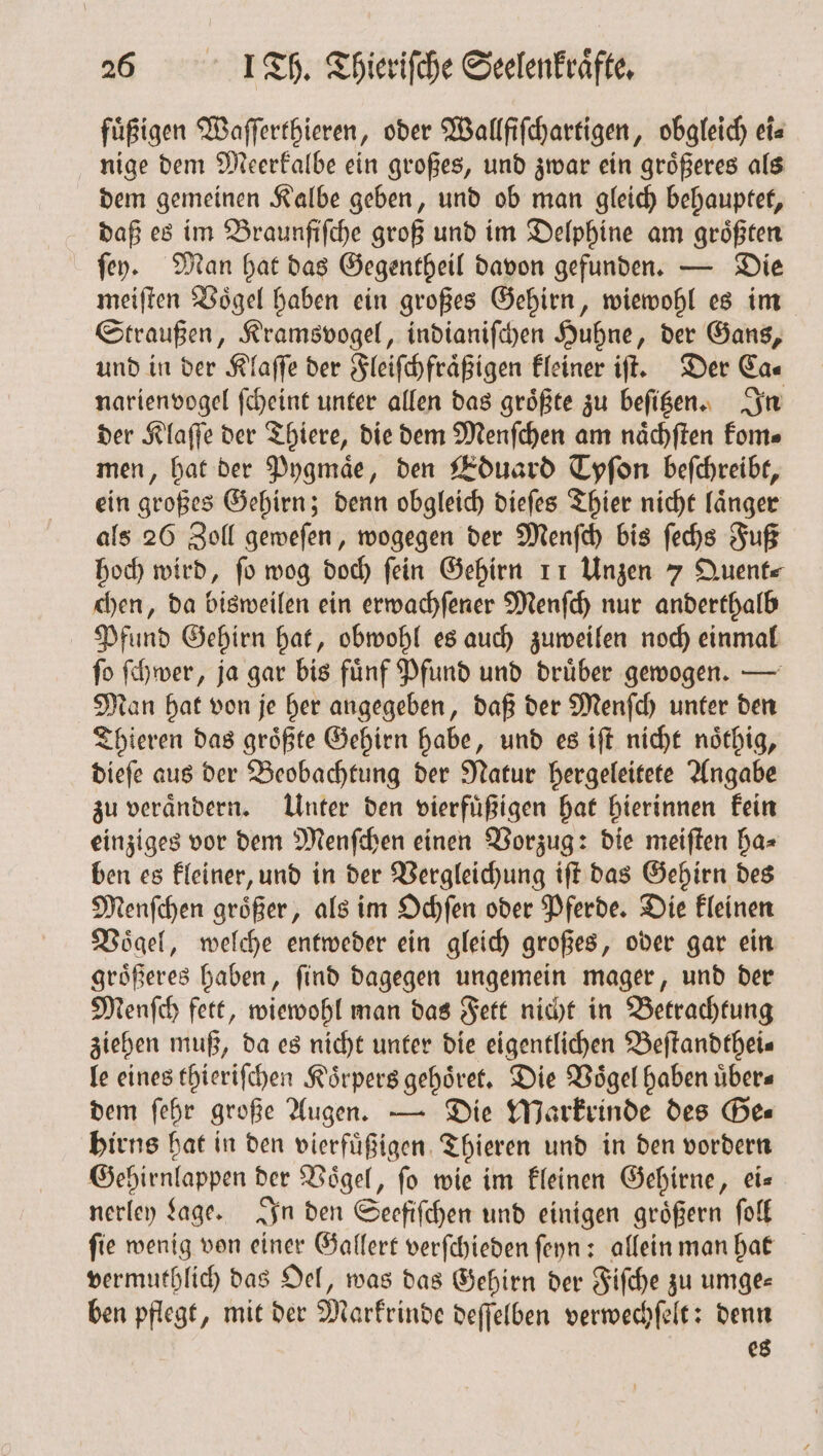 fuͤßigen Waſſerthieren, oder Wallfiſchartigen, obgleich eis nige dem Meerkalbe ein großes, und zwar ein groͤßeres als dem gemeinen Kalbe geben, und ob man gleich behauptet, daß es im Braunfiſche groß und im Delphine am groͤßten ſey. Man hat das Gegentheil davon gefunden. — Die meiſten Voͤgel haben ein großes Gehirn, wiewohl es im Straußen, Kramsvogel, indianiſchen Huhne, der Gans, und in der Klaſſe der Fleiſchfraͤßigen kleiner iſt. Der Ca⸗ narienvogel ſcheint unter allen das groͤßte zu beſitzen. In der Klaſſe der Thiere, die dem Menſchen am naͤchſten kom⸗ men, hat der Pygmaͤe, den Eduard Tyſon beſchreibt, ein großes Gehirn; denn obgleich dieſes Thier nicht laͤnger als 26 Zoll geweſen, wogegen der Menſch bis ſechs Fuß hoch wird, fo wog doch fein Gehirn 11 Unzen 7 Duente chen, da bisweilen ein erwachſener Menſch nur anderthalb Pfund Gehirn hat, obwohl es auch zuweilen noch einmal ſo ſchwer, ja gar bis fuͤnf Pfund und druͤber gewogen. — Man hat von je her angegeben, daß der Menſch unter den Thieren das groͤßte Gehirn habe, und es iſt nicht noͤthig, dieſe aus der Beobachtung der Natur hergeleitete Angabe zu veraͤndern. Unter den vierfuͤßigen hat hierinnen kein einziges vor dem Menſchen einen Vorzug: die meiſten ha⸗ ben es kleiner, und in der Vergleichung iſt das Gehirn des Menſchen groͤßer, als im Ochſen oder Pferde. Die kleinen Voͤgel, welche entweder ein gleich großes, oder gar ein groͤßeres haben, ſind dagegen ungemein mager, und der Menſch fett, wiewohl man das Fett nicht in Betrachtung ziehen muß, da es nicht unter die eigentlichen Beſtandthei— le eines thieriſchen Koͤrpers gehoͤret. Die Voͤgel haben übers dem ſehr große Augen. — Die Markrinde des Des hirns hat in den vierfuͤßigen Thieren und in den vordern Gehirnlappen der Voͤgel, ſo wie im kleinen Gehirne, ei— nerley Lage. In den Seefiſchen und einigen groͤßern ſoll ſie wenig von einer Gallert verſchieden ſeyn: allein man hat vermuthlich das Oel, was das Gehirn der Fiſche zu umge— ben pflegt, mit der Markrinde deſſelben verwechſelt: denn es