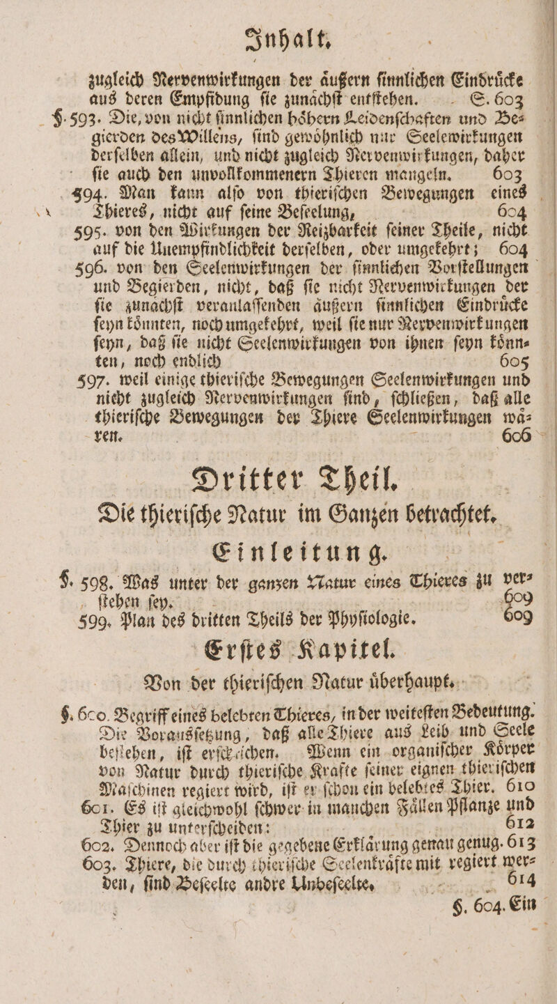 zugleich Nervenwirkungen der aͤußern ſinnlichen Eindruͤcke aus deren Empfidung fie zunaͤchſt entſtehen. S. 603 S. 503. Die, von nicht ſinnlichen hoͤhern Leidenſchaften und Be⸗ gierden des Willens, find gewöhnlich nur Seelewirkungen derſelben allein, und nicht zugleich Nervenwirkungen, daher ſie auch den unvollkommenern Thieren mangeln. 603 394. Man kann alſo von thieriſchen Bewegungen eines * Thieres, nicht auf feine Beſeelung 604 595. von den Wirkungen der Reizbarkeit feiner Theile, nicht auf die Unempfindlichkeit derſelben, oder umgekehrt; 604 596. von den Seelenwirkungen der ſinnlichen Vorſtellungen und Begierden, nicht, daß ſie nicht Nervenwirkungen der fie zunachſt veranlaſſenden aͤußern ſinnlichen Eindruͤcke ſeyn koͤnnten, noch umgekehrt, weil ſie nur Nerven wirkungen ſeyn, daß ſie nicht Seelenwirkungen von ihnen ſeyn koͤnn⸗ ten, noch endlich | 605 597. weil einige thieriſche Bewegungen Seelenwirkungen und nicht zugleich Nervenwirkungen find, ſchließen, daß alle thieriſche Bewegungen der Thiere Seelenwirkungen Mr ren. 0 Dritter Theil. 5 Die thieriſche Natur im Ganzen betrachtet. Eeinleitung. f F. 598. Was unter der ganzen Natur eines Thieres zu ver⸗ &gt; ſtehen er B wo ‚009 599. Plan des dritten Theils der Phyſiologie. 09 Erſtes Kapitel. Von der thieriſchen Natur uberhaupt. g. 600 Begriff eines belebten Thieres, in der weiteſten Bedeutung. Die Vorausſetzung, daß alle Thiere aus Leib und Seele beſtehen, iſt erſckeſchen. Wenn ein organiſcher Körper von Natur durch thieriſche Krafte feiner eignen thieriſchen Maſchinen regiert wird, iſt er ſchon ein belebtes Thier. 610 601. Es iſt gleichwohl ſchwer in manchen Fällen Pflanze und Thier zu unterſcheiden: 0 Me 612 602. Dennoch aber iſt die gegebene Erklaͤrung genau genug. 613 603. Thiere, die durch thieriſche Seelenkraͤfte mit regiert wers den, find Beſeelte andre Unbeſeelte. 614 | F. 604. Ein