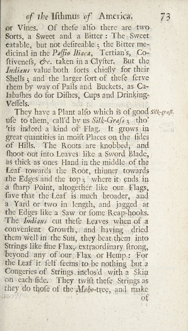 or Vines. Of thefe alfo there are two Sorts, a Sweet and a Bitter : The ■ Sweet eatable, but not defireable 5 the Bitter me¬ dicinal in the Pafjio Iliac a, Tertians, Co- ftivenefs, &c. taken in a Clyfter. But the Indians value both forts chiefly for their Shells; and the larger fort of thefe ferve them by way of Pails and Buckets, as Ca- labafhes do for Dilhes, Cups and Drinking- Veflels. They have a Plant alfo which is of good sui^grafi. nfe to them, call’d by us Sllk-Grafs 5 tho' 'tis indeed a kind of Flag. Tt grows in great quantities in moift Places on the tides of Hills. The Roots are knobbed, and fhoot out into Leaves like a Sword Blade, as thick as ones Hand in the middle of the Leaf towards the Root, thinner towards the Edges and the top 5 where it ends in a fharp Point, altogether like our Flags, fave that the Leaf is much broader, and . * a Yard or two in length, and jagged at the Edges like a Saw or fome Reap-hooks. The Indians cut thefe Leaves when of a ■convenient Growth,; and having dried, them Well in the Sun, they beat them into Strings like fine Flaxy extraordinary ftrong, beyond any of our Flax or Hemp : For the Leaf it feif feems Yo be nothing but a Congeries of Strings.inclos’d with a Skin on each fide. They twift thefe Strings as they do thofe of the TTyc-trec, and make 01