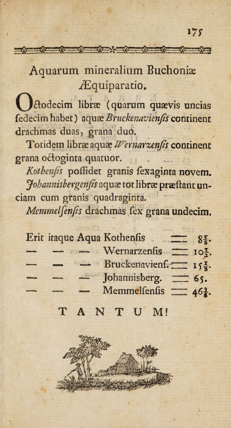 »7; Aquarum mineralium Buchoniae iEquiparatio* flodecim librae (quarum quaevis undas fedecim habet) aquae Bnickenavienfa continent drachmas duas, grana duo. Totidem librae aquae Wernavzenjts continent grana odoginta quatuor. _ Kothenfis poflidet granis fexaginta novem, JohannisbevgenJts aquae tot librae praeftant un¬ ciam cum granis quadraginta. Memmelfenfis drachmas fex grana undecim. Erit itaque Aqua Kothenfis ZZ 8f • — — — Wernarzenfis - io|. — — — Bruckenavienf. IZZ iff. '— — — Johannisberg. - 65. — — — Memmelfenfis 4 TANTUM! 4