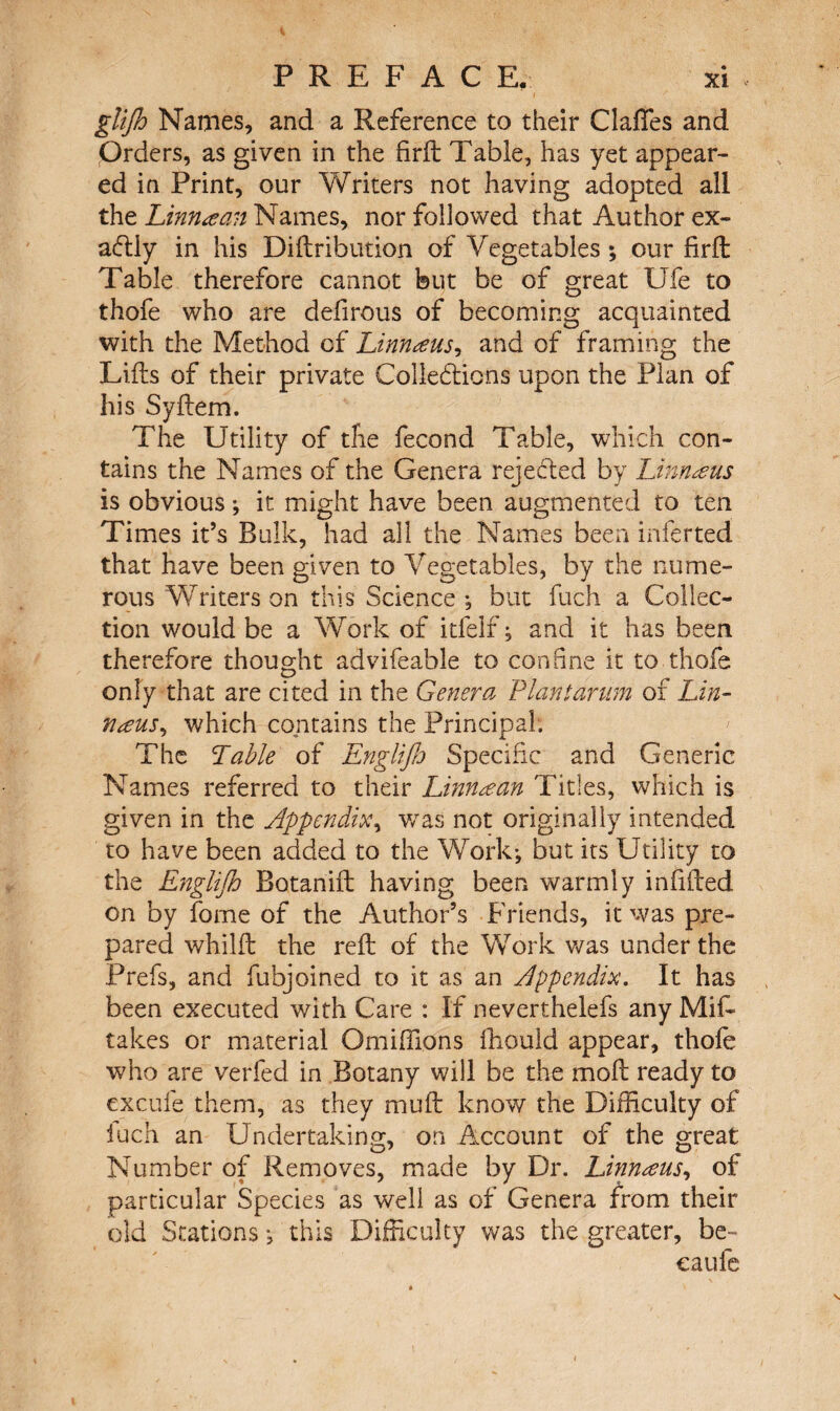 glijh Names, and a Reference to their Gaffes and Orders, as given in the firft Table, has yet appear¬ ed in Print, our Writers not having adopted all the Linn<ean Names, nor followed that Author ex¬ actly in his Diftribution of Vegetables; our firfl: Table therefore cannot but be of great Ufe to thofe who are defirous of becoming acquainted with the Method of Linnaeus, and of framing the Lifts of their private Collections upon the Plan of his Syftem. The Utility of the fecond Table, which con¬ tains the Names of the Genera rejected by Linnaeus is obvious; it might have been augmented to ten Times it’s Bulk, had all the Names been inferred that have been given to Vegetables, by the nume¬ rous Writers on this Science ; but fuch a Collec¬ tion would be a Work of itfelf; and it has been therefore thought advifeable to coniine it to thofe only that are cited in the Genera Plant arum of Lin- n<eus, which contains the Principal, The Table of EngliJIo Specific and Generic Names referred to their Linnaan Titles, which is given in the Appendix, was not originally intended to have been added to the Work; but its Utility to the Englijh Botanift having been warmly iniifted on by fome of the Author’s Friends, it was pre¬ pared whilft the reft of the Work was under the Prefs, and fubjoined to it as an Appendix. It has been executed with Care : If nevertheless any Mif- takes or material Omiffions fhould appear, thofe who are verfed in Botany will be the moft ready to excule them, as they muft know the Difficulty of luch an Undertaking, on Account of the great Number of Removes, made by Dr, Linnaeus, of particular Species as well as of Genera from their old Stations; this Difficulty was the greater, be- caule