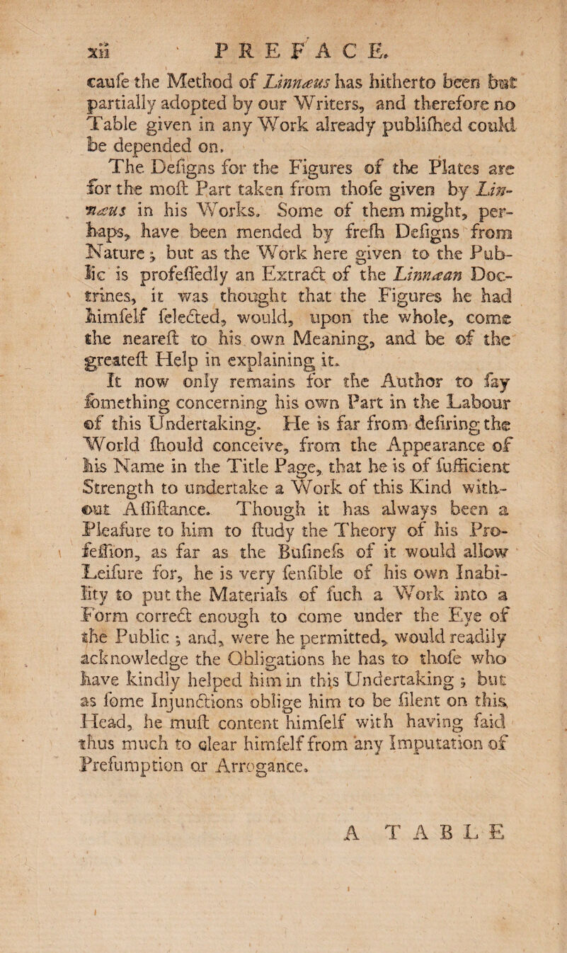 \ • , caiafe the Method of Linnaeus has hitherto been bmt partially adopted by our Writers, and therefore no Table given in any Work already published could be depended on. The Defigns for the Figures of the Plates are for the moil Part taken from thofe given by Lin- mans in his Works, Some of them might, per¬ haps, have been mended by frefh Defigns from Nature ^ but as the Work here given to the Pub¬ lic is profeffedly an Extract of the Linnaan Doc¬ trines, it was thought that the Figures he had Mmfelf felected, would, upon the whole, corns the neared to his own Meaning, and be of the greatefl Help in explaining it* It now only remains for the Author to fay fcmething concerning his own Part in the Labour ©£ this Undertaking, He is far from defiring the World fhouid conceive, from the Appearance of Ms Name in the Title Page,, that he is of fufficient Strength to undertake a Work of this Kind with¬ out Afliftan.ee. Though it has always been a Pleafure to him to itudy the Theory of his Pro- feflion, as far as the Bufinefs of it would allow Leifure for, he is very fenfible of his own Inabi¬ lity to put the Materials of fuch a Work into a Form cor red: enough to come under the Eye of the Public *, and, were he permitted, would readily acknowledge the Obligations he has to thofe who have kindly helped him in this Undertaking ; but as feme Injunctions oblige him to be filent on this* Head, he muff content himfelf with having faid thus much to clear himfelf from any Imputation of Preemption or Arrogance. A TABLE