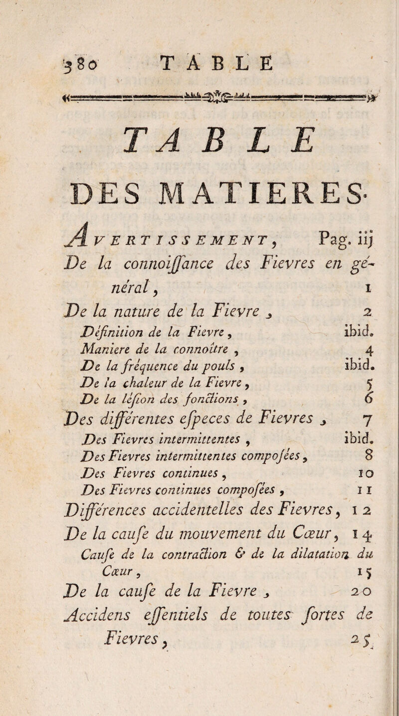 TABLE DES MATIERES- A V E RT ï S S E M E NT 9 Pag. iîj De la connoiffance des Fièvres en gé¬ néral ) i De la nature de la Fievre 2 Définition de la Fievre, — ibid® Maniéré de la connoître , 4 De la fréquence du pouls , ibîd. De la chaleur de la Fievre , 5 De la léjîon des fonctions , 6 Des différentes efpeces de Fievres 7 Des Fievres intermittentes , ibid. Des Fievres intermittentes compojèes 9 8 Des Fievres continues , I o Des Fievres continues compofées , 11 Différences accidentelles des Fievres, i 2 De la caufe du mouvement du Cœur 5 14 Caufe de la contraction & de la dilatation du Cœur ? 15 De la caufe de la Fievre 2 0 Accidens effentiels de toutes fortes de Fievres ? 2 fi