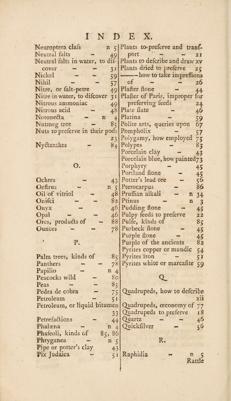 n 5 49 Neuroptera clafs Neutral falts — Neutral falts in water, to dif- cover , ~ — 31 Nickel - - 59 Nihil - ”* 57 Nitre, or falt-petre 49 Nitre in water, to difcover 31 Nitrous ammoniac 49 Nitrous acid — 48 Notonedla — n 4 Nutmeg tree — 85 Nuts topreferve in their pods 23 Ny&amp;anthes - 84 O. Ochres — Oedrus — Oil of vitriol Onifci - Onyx — Opal — Ores, products of Ounces — 43 n 5 48 82 46 46 88 78 Palm trees, kinds of 85 Panthers — - 78 Papilio — n 4 Peacocks wild — 80 Peas - - 85 Pedra de cobra - 75 Petroleum — 51 Petroleum, or liquid bitumen 33 Petrefadlions — 44 Phalaena — n 4 Phafeoli, kinds of 85, 86 Phryganea - n 5 Pipe or potter’s clay 43 Fix Judaica - 51 Plants to*preferve and trans¬ port - 21 Plants to defcribe and draw xv Plants dried to preferve 25 -how to take impreffions of - - 26 Plafter done -* 44 Plader of Paris, improper for preferving feeds 24 Plate Hate - 46 Platina — 59 Polite arts, queries upon 67 Pompholix - 57 Polygamy, how employed 75 Polypes - 83 Porcelain clay — 43 Porcelain blue,howpainted73 Porphyry — 43 Portland done - 45 Potter’s lead ore — 56 Pterocarpus - 86 Prudian alkali — n 34 Ptinus — n 3 Pudding done — 45 Pulpy feeds to preferve 22 Pulfe, kinds of 85 Purbeck done - 45 Purple done — 43 Purple of the ancients 82 Pyrites copper or mundic 54 Pyrites iron — 51 Pyrites white or marcafite 59 Q. Quadrupeds, how to defcribe xii Quadrupeds, ceconomy of 77 Quadrupeds topreferve 18 Quartz — — 46 Quicknlver - 56 R. Raphidia n 5 Rattle