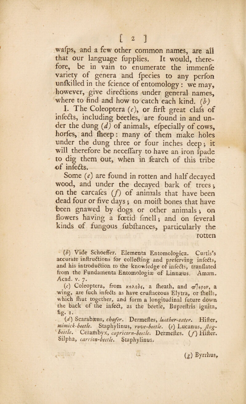 waips, and a few other common names, are all that our language fupplies. It would, there¬ fore, be in vain to enumerate the immenfe variety of genera and fpecies to any perfon unfkilled in the fcience of entomology : we may, however, give directions under general names, where to find and how to catch each kind, (b) I. The Coleoptera (Y), or firft great clafs of infects, including beetles, are found in and un¬ der the dung (d) of animals, efpecially of cows, horfes, and fheep: many of them make holes under the dung three or four inches deep; it will therefore be neceffary to have an iron fpade to dig them out, when in fearch of this tribe of infects. Some (e) are found in rotten and half decayed wood, and under the decayed bark of trees; on the carcafes (/) of animals that have been dead four or five days •, on moift bones that have been gnawed by dogs or other animals; on flowers having a fetid fee 11; and on feveral kinds of fungous iubftances, particularly the rotten {h) Vide SchoefFer. Elements Entomologies. Curtis’s accurate inltrudtions for collecting and preferving infeCts, and his introduction to the knowledge of infeCts, tranflated from the Fundaments Entomologise of Linnseus, Amten. Acad. v. 7. (r) Coleoptera, from KoAgoc, a Iheath, and a/Jepoy, a wing, are luch infeCts as have crultaceous Elytra, or Ihells, which fhut together, and form a longitudinal future down the back of the infect, as the beetle, Bupreftris ignita, fig. 1. CO Scarab^us, chafer. Dermefles, leather-eater. Hiller, mimick-beetle. Staphylinus, rove-beetle, (e) Lucanus, fag- beetle. Cerambyx, capricorn-beetle. Dermeites. (f) Hiller. Silpha, carrion-beetle. Staphylinus, U) Byrrhus^