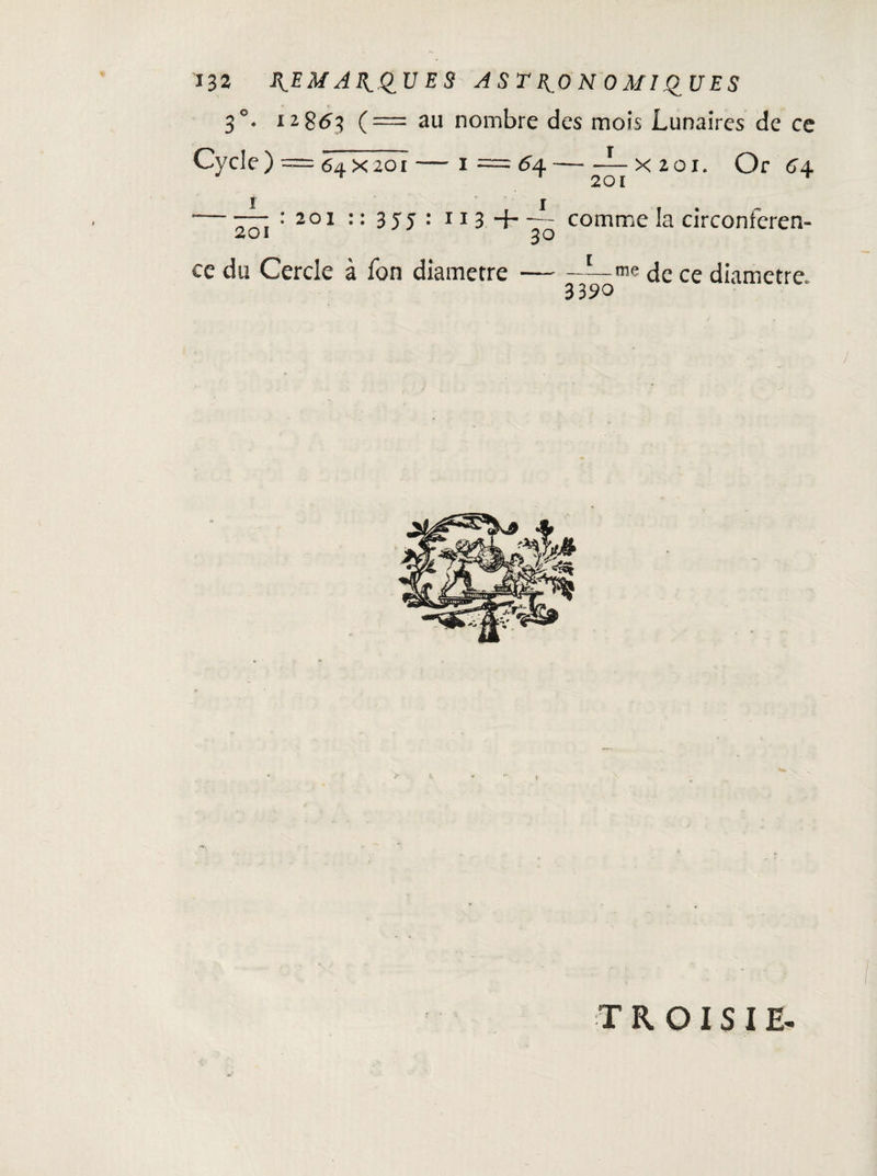 3°. 12863 (== au nombre des mois Lunaires de ce Cycle) = 64x201—1 = 64—-L-X20J. Or 64 — : 201 : : 3 55 : 11 3 + -r~ comme la circonferen- 201 ce du Cercle à fon diamètre-m« de ce diamètre» T R O IS I E-