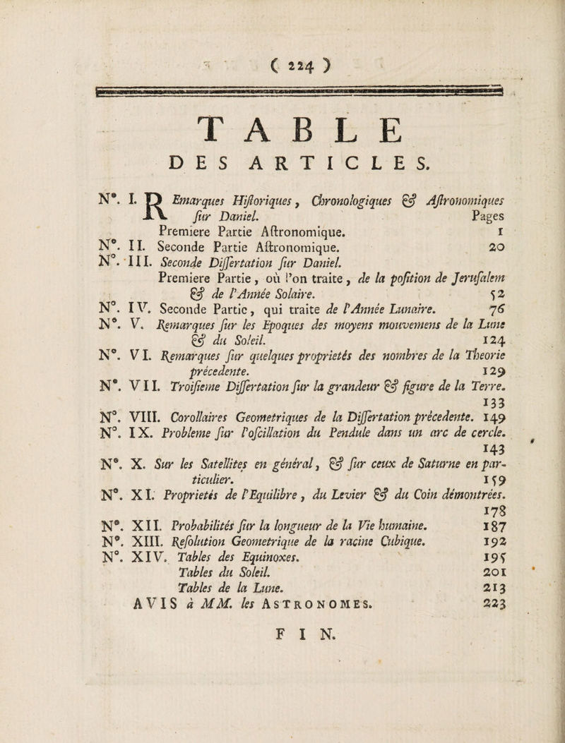 T A B L E DES ARTICLES. N®. I. U Emarques Hifioriques y Chronologiques & Agronomiques fur Daniel. Pages Première Partie Agronomique. i N®. ÏI. Seconde Partie Aftronomique. 20 N .111. Seconde Dijfertation fur Daniel. Première Partie , où Port traite , de la pofition de Jerufalem & de E Année Solaire. 5 2 N°. IV. Seconde Partie, qui traite de P Année Lunaire. 76 N®. V. Remarques fur les Epoques des moyens mouvemens de la Lune & du Soleil. 124 N®. VL Remarques fur quelques propriétés des nombres de la Théorie précédente. ï 29 N#. VIL Troifieme Dijfertation fur la grandeur & figure de la Terrea 133 N°. VIII. Corollaires Géométriques de la Dijfertation précédente. 149 N°. IX. Problème fur Pofcillation du Pendule dans un arc de cercle. Ï43 N®. X. Sur les Satellites en général, çÿ jîfr m&c de Saturne en par- ticulier. I f 9 N®. XI. Propriétés de P Equilibre, J# Levier Ç-? du Coin démontrées. 178 XII. Probabilités Jhr la longueur de la Vie humaine. 187 N®. XIII. Réflation Géométrique de la racine Cubique. 192 N0. XIV, Tables des Equinoxes. I9f Tables du Soleil 201 Tables de la Lune« 213 AVIS i AfAL Jb Astronomes. 223 F I N.