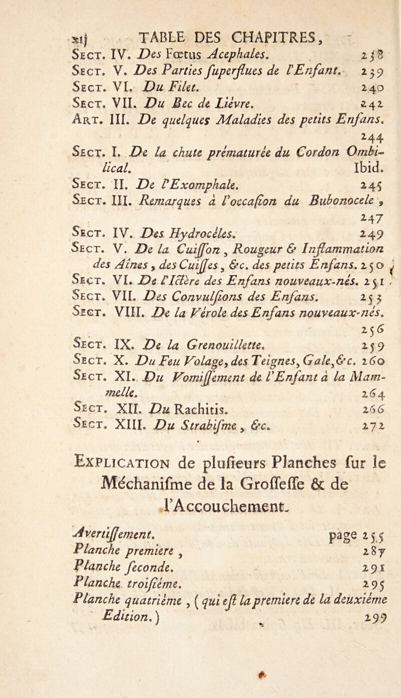 Sect. IV. Des Fœtus Acéphales. 2fS Sect» V. Des Parties fuperjlues de !Enfant. 239 Sect. VL D/z Filet, ' 240 Sect. VIL D&amp; Bec de Lièvre. 242 Art. III. De quelques Maladies des petits Enfans. 244 Sect. I. De la chute prématurée du Cordon Ombi¬ lical. IbicL Sect. IL De P Exomphale. 245 Sect. XII. Remarques à Voccafion du Bubonocde , 247 Sect. IV. Des Hydrocèles, 249 Sect. V. De Zz Cuiffon 3 Rougeur &amp; Inflammation des Aines, &lt;fes Cuijjes y &amp;c. des petits Enfans. 250 ^ Sect. VI. De [Ictère des Enfans nouveaux-nés. iji ; Sect» VIL Des Convulfions des Enfans. 253 Sect. VIIL De la Vérole des Enfans nouveaux-nés. 156 Sect. IX, De Az Grenouïllette. 259 Sect. X. Z)// Feu Volage &gt; des Teignes^ Gale fie. 160 Se ct. XI. Du Vomifjemtnt de VEnfant à lu Mam- melle. z6 4 Sect. XII. Du Rachitis. 266 Sect. XIII. Strabifme, &amp;’•&lt;:» 272 Explication de plufieurs Planches fur îe Méchanifme de la Groffeffe &amp; de l’Accouchement- Averùfjement. page 255 Planche première , 287 Planche fécondé. 291 Planche troifième. 295 Planche quatrième , ( qui ejl la première de la deuxième Edition. ) _ 299