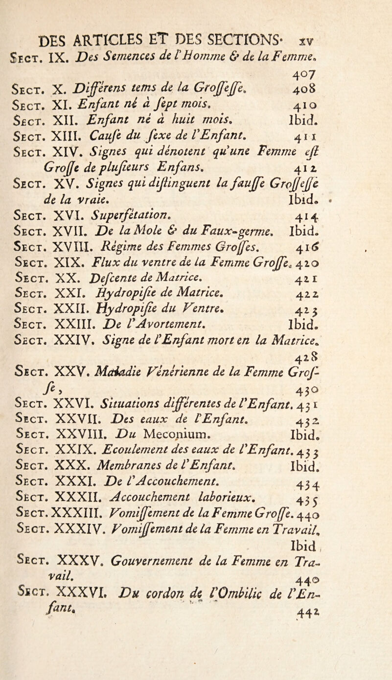 Sect. IX. Des Semences de l'homme &amp; de la Femme, 4°7 Sect. X. Différens tems de la Grojfejfe. 408 Sect. XL Enfant né à fept mois. 410 Sect * XII. Enfant ne à huit mois» Ibid. Sect. XIII. Caufe du fexe de FEnfant. 411 Sect. XIV. Signes qui dénotent quune Femme ejl Grojfe de plujieurs Enfans. 412. Sect. XV. Signes qui difànguent la fauffe GroJJeJjc de la vraie. Ibid® Sect. XVI. Superfétation. 414 Sect. XVII. De la Mole &amp; du Faux-germe» Ibid® Sect. XVIII. Régime des Femmes Greffes. 41^ Sect. XIX. Flux du ventre de la Femme Grojfe* 420 Sect. XX. Defcente de Matrice. 421 Sect. XXL Hydropijie de Matrice. 422 Sect. XXII. Hydropijie du Ventre* 425 Sect. XXIIL De F Avortement. Ibid® Sect. XXIV. Signe de F Enfant mort en la Matrice» 428 Sect. XXV. Maiadie Vénérienne de la Femme Grcf fi, _ 430 Sect. XXVI. Situations différentes de FEnfant. 431 Sict. XXVII. Des eaux de l'Enfant. 432, Sect. XXVIII. Du Méconium. Ibid® Sect. XXIX. Ecoulement des eaux de F Enfant. 45 3 Sect. XXX. Membranes de F Enfant» Ibid. Sect. XXXI. De F Accouchement. 434 Sect. XXXII. Accouchement laborieux. 43 3 Sect, XXXIII. Vomijfement de la Femme Groffe. 440 Sect. XXXIV* Vomiffement de la Femme en Travail» Ibid. Sect. XXXV. Gouvernement de la Femme en Tra¬ vail. 44© Sect. XXXVI. Du cordon de l'Ombilic de FEn- fint. 442,