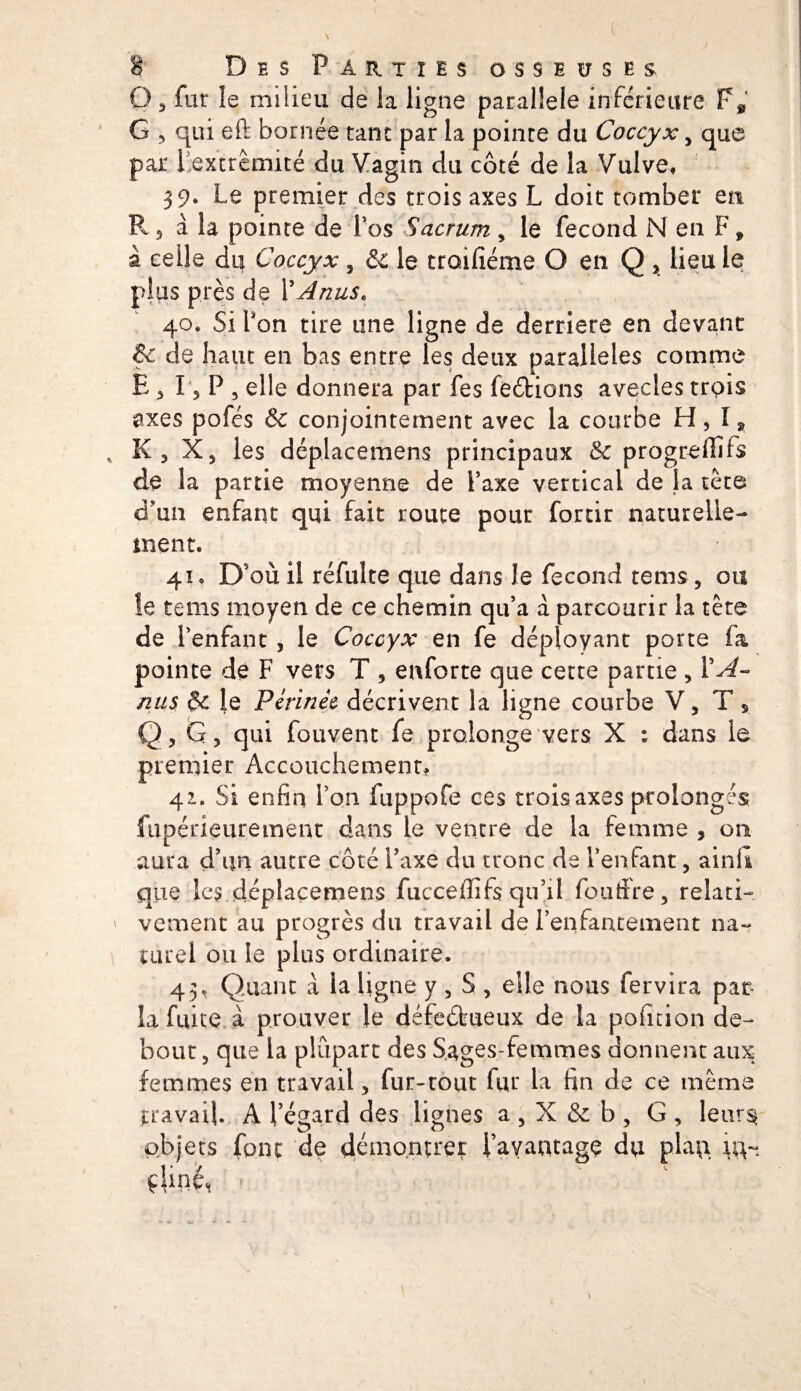 O ^ lut le milieu de la ligne parallèle inférieure F* G 5 qui eft bornée tant par la pointe du Coccyx, que par Textrêmité du Vagin du côté de la Vulve, 39* Le premier des trois axes L doit tomber en R 3 à la pointe de Los Sacrum , le fécond N en F 9 a celle du Coccyx , &amp; le troilîéme O en Q, lieu le plus près de l'Anus, 40. Si Lon tire une ligne de derrière en devant &amp; de haut en bas entre les deux parallèles comme E , 15 P , elle donnera par fes feCtions avecles trois axes pofés &amp;c conjointement avec la courbe H, I, % K, X, les déplacemens principaux &amp;c progreffifs de la partie moyenne de Taxe vertical de la tète d’un enfant qui fait route pour forcir naturelle¬ ment. 41 « D'où il réfulte que dans Je fécond rems, ou le terns moyen de ce chemin qu’a à parcourir la tête de Lenfant, le Coccyx en fe déployant porte la pointe de F vers T , enforte que cette partie , ¥A- nus &amp; le Périnée décrivent la ligne courbe V, Ts Q, G 5 qui fouvent fe prolonge vers X ; dans le premier Accouchement, 41. Si enfin i on fuppofe ces trois axes prolongés fupérieurement dans le ventre de la femme , on aura d’un autre côté Taxe du tronc de Tentant, ainll que les déplacemens fucceffifs qu’il foudre, relati-, ' vement au progrès du travail de l’enfantement na- \ turel ou le plus ordinaire. 43^ Quant à la ligne y , S , elle nous fervira par¬ la fuite à prouver le défectueux de la pofuion de¬ bout , que la plupart des Sages-femmes donnent aux femmes en travail, fur-tout fur la fin de ce même travail. A l’égard des lignes a , X &amp; b , G , leurs objets font de démontrer i’ayautagç du plap \i\~ ç\m, &gt;