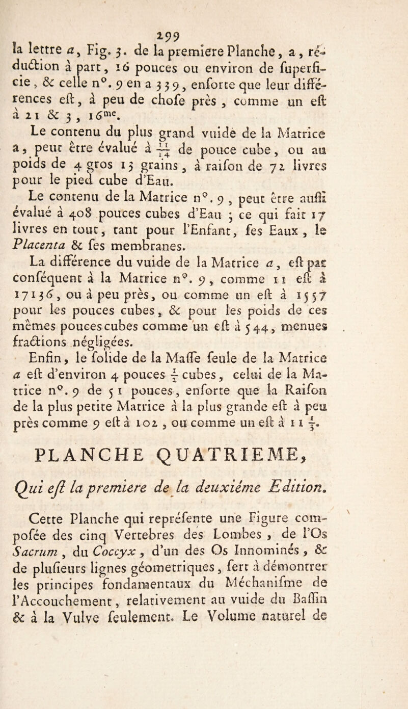 la lettre a , Fig» 3. de la première Planche, a , ré¬ duction à part, 16 pouces ou environ de fuperfi- cie , &amp; celle n°. 9 en a 3 3 9 5 enforte que leur diffé¬ rences eft, à peu de chofe près , comme un eft à 2 1 &amp; 3 , 16me. Le contenu du plus grand vuide de la Matrice a5 peut être évalué à ~ de pouce cube, ou au poids de 4 gros 13 grains, à raifon de 72 livres pour le pied cube d’Eau. Le contenu de la Matrice n9 , peut être auffi évalué à 408 pouces cubes d’Eau j ce qui fait 17 livres en tout, tant pour l’Enfant, fes Eaux, le Placenta &amp; fes membranes. La différence du vuide de la Matrice a , eft pat conféquenc à la Matrice ny. 9 , comme 11 eft à 1713 6 &gt; ou à peu près, ou comme un eft à 1557 pour les pouces cubes, &amp; pour les poids de ces mêmes pouces cubes comme un eft a 5 44, menues fractions négligées. Enfin, le folide de la Maffe feule de la Matrice a eft d’environ 4 pouces ~ cubes, celui de la Ma¬ trice n°. 9 de 51 pouces, enforte que la Raifon de la plus petite Matrice à la plus grande eft à peu près comme 9 eft à 102 , ou comme un eft à 11 f. PLANCHE QUATRIEME* Qui ejl la première de la deuxieme Edition. Cette Planche qui repréfente une Figure com¬ parée des cinq Vertebres des Lombes , de l’Os Sacrum , du Coccyx, d’un des Os Innommés , &amp;c de plufieurs lignes géométriques, fert à démontrer les principes fondamentaux du Méchanifme de l’Accouchement, relativement au vuide du BalTm &amp; à la Vulve feulement. Le Volume naturel de