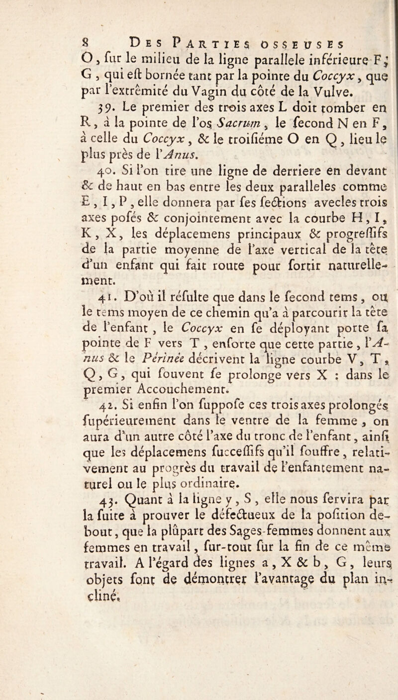 O a fur le milieu de la ligne parallèle inférieure F} G 5 qui eft bornée tant par la pointe du Coccyx > que par l’extrémité du Vagin du côté de la Vulve. 39. Le premier des trois axes L doit tomber en R, â la pointe de Los Sacrum , le fécond N en F, à celle du Coccyx 5 & le troifiéme O en Q 3 lieu le plus près de Y Anus. 40. Si Ton tire une ligne de derrière en devant & de haut en bas entre les deux parallèles comme E , 13 P 3 elle donnera par fes feéfcions avecles trois axes pofés 8c conjointement avec la courbe H, K, X, les déplacemens principaux & progressifs de la partie moyenne de Y axe vertical de la tête d’un enfant qui fait route pour fortir naturelle¬ ment. 41. D’où il réfulte que dans le fécond tems ? ou le tems moyen de ce chemin qu’a à parcourir la tête de l'enfant , le Coccyx en fe déployant porte fa pointe de F vers T , enforte que cette partie 5 YA-* nus ôc le Périnée décrivent la ligne courbe V* T * Q) G, qui fouvent fe prolonge vers X : dans le premier Accouchement. 42. Si enfin Ton fuppofe ces trois axes prolongés fnpérieurement dans le ventre de la femme * on aura d'un autre côté l’axe du tronc de l’enfant, ainfi que les déplacemens fucceffifs qu’il fouffre, relati¬ vement au progrès du travail de l’enfantement na¬ turel ou le plus ordinaire. 43. Quant à la ligne y, S 5 elle nous fervira par la fuite à prouver le défc&ueux de la pofition de¬ bout , que la plupart des Sages-femmes donnent aux femmes en travail, fur-tout fur la fin de ce même travail. A l'égard des lignes a , X & b > G , leurs, objets font de démontrer favantage du plan in-* diné*