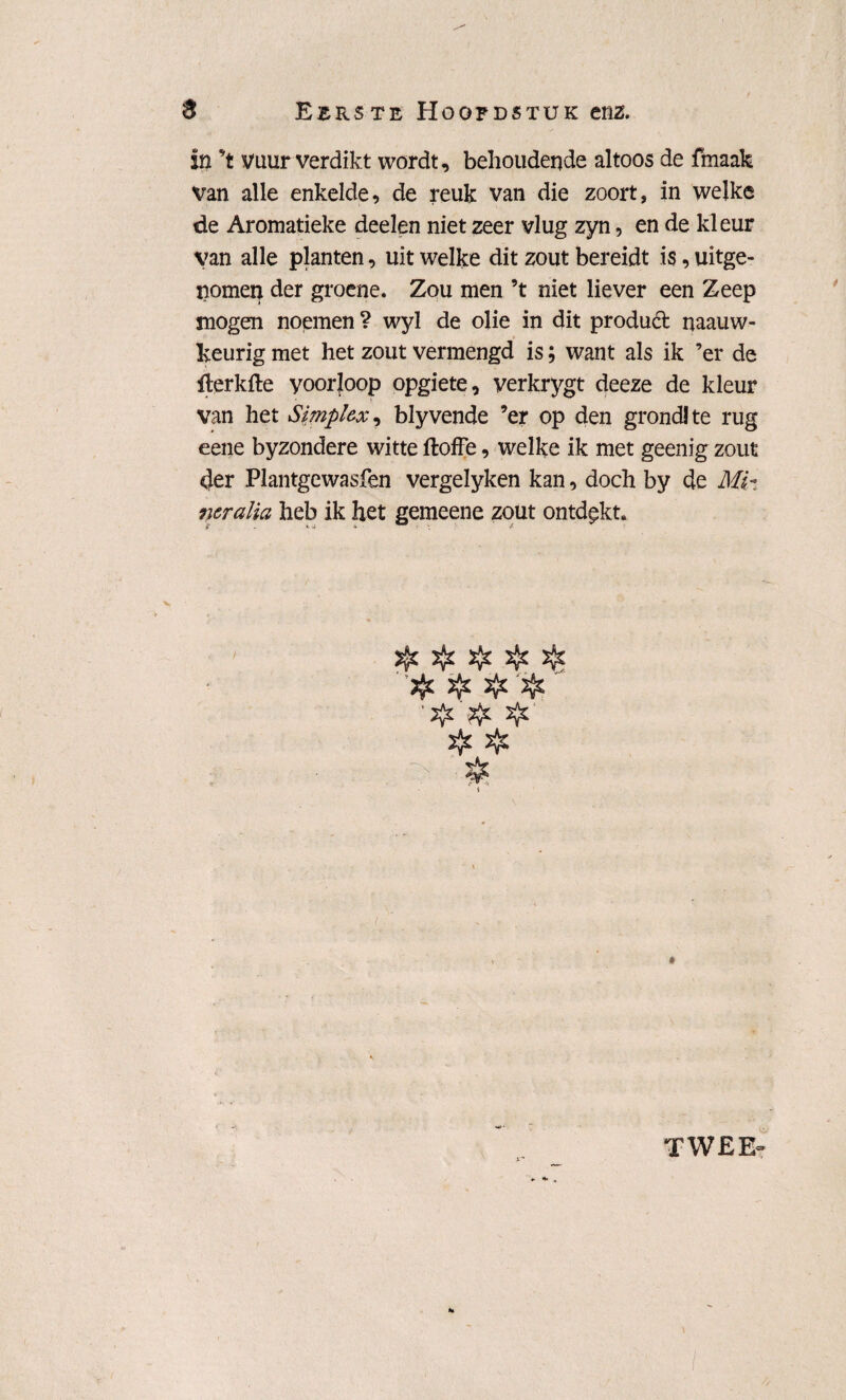 in ’t vuur verdikt wordt, behoudende altoos de fmaak van alle enkelde, de reuk van die zoort, in welke de Aromatieke deelen niet zeer vlug zyn, en de kleur van alle planten, uit welke dit zout bereidt is, uitge¬ nomen der groene. Zou men ’t niet liever een Zeep mogen noemen ? wyl de olie in dit product naauw- keurig met het zout vermengd is; want als ik ’er de fterkfte yoorloop opgiete, verkrygt deeze de kleur van het Simplex, blyvende ’er op den grond!te rug eene byzondere witte floffe, welke ik met geenig zout der Plantgewasfen vergelyken kan, doch by de Mi- neralia heb ik het gemeene zout ontdekt. ^ & & & 7k ' * TWEE-