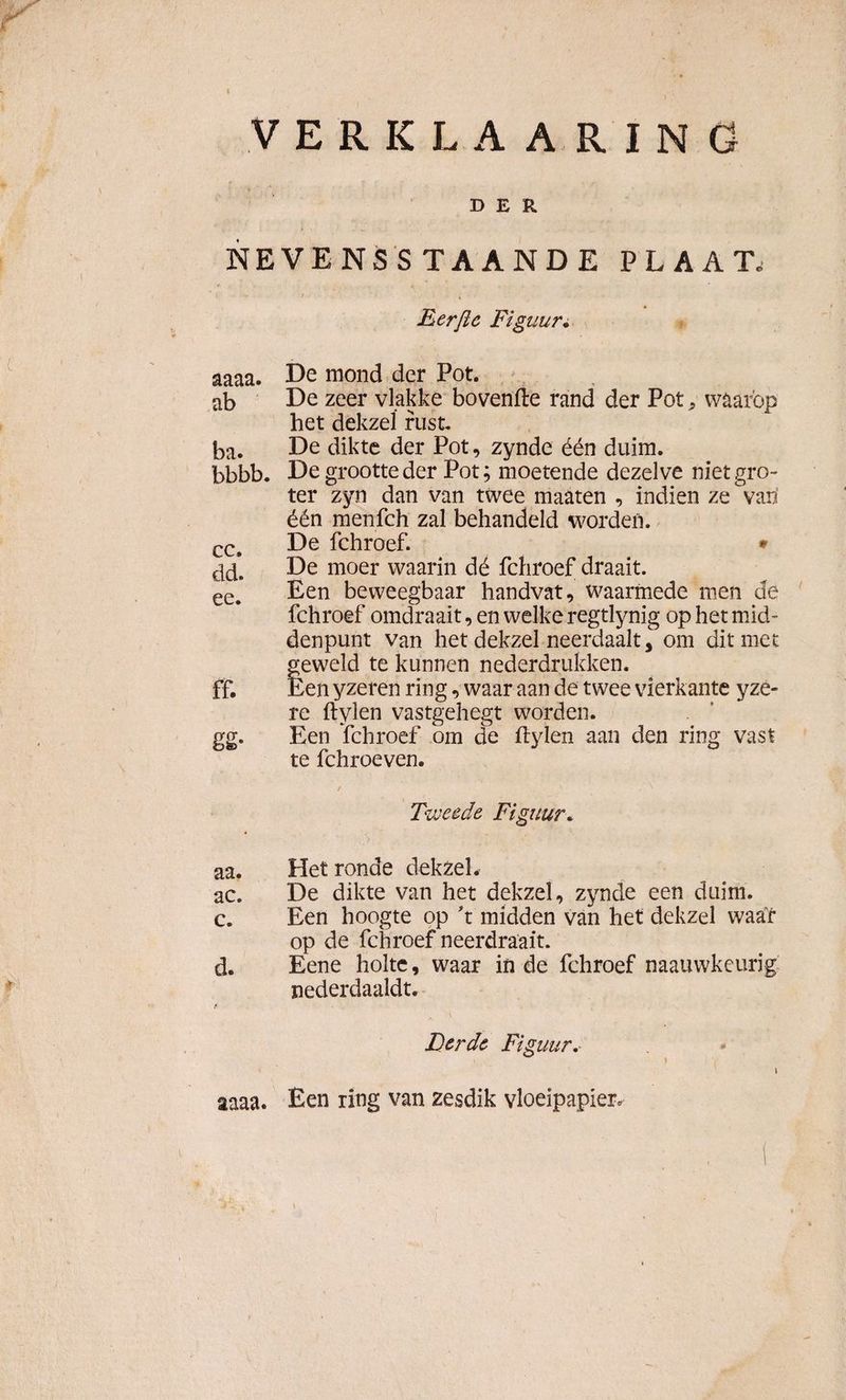 VERKLA A RIN G DER NEVENSSTAANDE PLAAT. Eerftc Figuur. aaaa. De mond der Pot. ab De zeer vlakke bovenfte rand der Pot, waarop het dekzel fust ba. De dikte der Pot, zynde één duim. bbbb. De grootte der Pot; moetende dezelve niet gro¬ ter zyn dan van twee maaten , indien ze vari één menfch zal behandeld worden. CCt De fchroef. * De moer waarin dé fchroef draait. ee. Een beweegbaar handvat, waarmede men de fchroef omdraait, en welke regtlynig op het mid¬ denpunt van het dekzel neerdaalt, om dit met geweld te kunnen nederdrukken. ff. Een yzeren ring, waar aan de twee vierkante yze- re ftylen vastgehegt worden. gg. Een fchroef om de ftylen aan den ring vast te fchroeven. Tweede Figuur. aa. Het ronde dekzel. ac. De dikte van het dekzel, zynde een duim. c. Een hoogte op \ midden van het dekzel waar op de fchroef neerdraait. d. Eene holte, waar in de fchroef naauwkeurig nederdaaldt. / Derde Figuur. \ aaaa. Een ring van zesdik vloeipapier.
