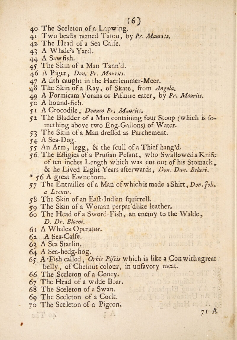 40 The Seeleton of a Lapwing. 41 Two beads nemed Tarou, by Pr. Maurits. 42 The Head of a Sea Calfe. 43 A W hale’s Yard. 44 A Sawfish. 45 The Skin of a Man Tann’d. 46 A Piger, Don. Pr. Aiaurtis. 47 A fish caught in the Haerlemmer-Meer. 48 The Skin of a Ray, of Skate, from Angola. 49 A Formicam Vorans or Pifmire eater, by Pr. Mawiu. yo A hound-fich. 51 A Crocodile, Donum Pr. Maurits. 52 The Bladder of a Man containing four Stoop (which is fo- mething above two Eng-Galions) of Water. 53 The Skin of a Man drefl'ed as Parchement. 5-4 A Sea- Dog. yy An Arm, legg, & the fcull of a Thief hangsd. 56 The Effigies of a Prufian Pefant, who Swallowed a Knife of ten inches Length which was cut out of his Stomack,, & he Lived Eight Years afterwards, Don. Dan. Bekeri. * f 6 A great Ewnehorn. 57 The Entrailles of a Man of which is made a Shirt, Don.foh* a Leeuw. 58 The Skin of an Eaft-lndian fquirrell. yo The Skin of a Woman perpar'dlike leather. 60 The Head of a Sword-Fish, an enemy to the Walde,, D. Dr. Bloem. 61 A Whales Operator. 62 A Sea-Calfe. 63 A Sea Starlin. 64 A Sea-hedg-hog. 6y A *Fish called, Orbis Plfcls which is like a Con with agreat belly , of Chefnut colour, in unfavory meat. 66 The Seeleton of a Coney. 67 The Head of a wdde Boar. 68 The Seeleton of a Swan. 69 The Seeleton of a Cock. 70 The Seeleton of a Pigeon* .11.. , V- ; l l