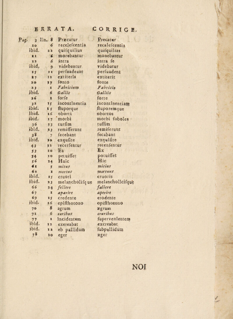 ERRATA. CORRIGE. Pag- 3 lin . 8 Pratcatur Precatur IO d recelefcentia recalefccntia ibid. 2 2 quifquilius quiiquilias 11 f morebantur monebantur n 6 intra intra fe ibid. 9 videbantur videbatur 3? 21 perfuadeant perfuadenE * 7 12 extiteris extiterit 2® fonto fonte 2| 1 Fabritium Fabritic1 ibid. 6 Gallis Galliis 2$ X forfe forte 3* if incontinentia incontinentiam ibid. s 3 t ftuporque ftuporemque ibid. I <> oborti obortos ibid. I 7 ' morbi morbi foboks 36 33 turfim tuflm ibid. ?3 remifTerunt remiferunt 38 7 fecebant fecabant ibid. IO exqufite exquiiite 43 ii recerfentur recenientur 53 s® Ea Ex 54 so petuiffet potuifTefe 5 6 34 Huic Hic <# 2 5 mi tus mitius 6z X mortus mortuus ibid. 35 cruori cruoris Ibid. 2J melancholifq ue melancholicifque 66 24 fellere fallere 61 X aparire aperire 69 15 credente erodente ibid. 16 epifthotouo opifthotono 70 8 agrum segrum 7z 6 curibus cruribus 77 X Incidentem fupervenientem Ibid. 12 excreabat excreabat ibid. X 2 eb pallidum fubpallidum 78 XO eger »5 er NOI
