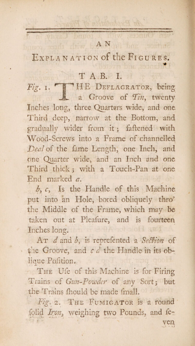 Ex PL A N ATI ON of the FlGU RES. * T A B. I. Fig. i. r | ^HE Deflagrator, being JL a Groove of Tin, twenty Inches long, three Quarters wide, and one Third deep, narrow at the Bottom, and gradually wider from it ; fattened with Wood-Screws into a Frame of channelled Deal of the fame Length, one Inch, and one Quarter wide, and an Inch and one Third thick; with a Touch-Pan at one End marked a. by Cy Is the Handle of this Machine put into an Hole, bored obliquely thro the Middle of the Frame, which may be taken out at Pleafure, and is fourteen > » Inches long. At d and A is reprefented a SeSrion of the Groove, and c a the Handle in its ob¬ lique Poiitiom The Ufe of this Machine is for Firing Trains of Gun-Powder of any Sort; but the Trains fhould be made fmalh Figo 2, The Fumigator is a round folid Irorh weighing two Pounds., and fe¬ ver*