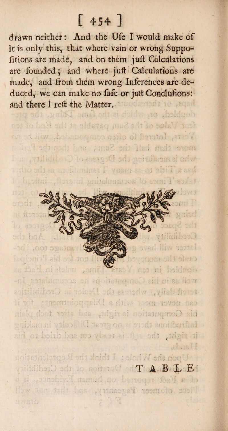 drawn neither: And the Ufe I would make of it is only this, that where vain or wrong Suppo- fitions are made, and on them juft Calculations are founded; and where juft Calculations are made, and from them wrong Inferences are de¬ duced, we can make no fafe or juft Concluilons: and there 1 reft the Matter. ✓ * TABLE