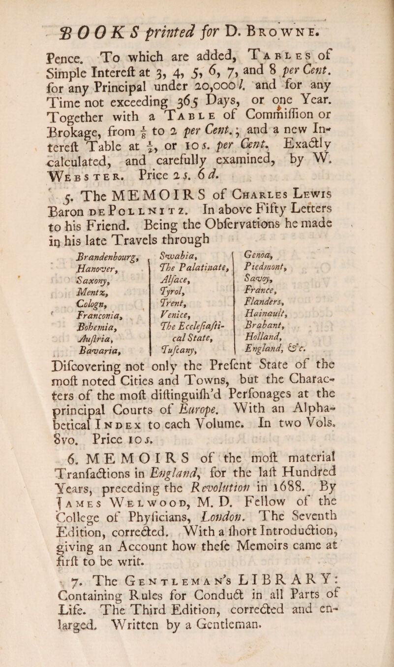 S 0 0 K S printed for D. Bro wne. Pence. To which are added, Tables of Simple Intereft at 3, 4, 5> 7> and 8 Per Cent- for any Principal under ao,ooo /. and for any Time not exceeding 365 Days, or one Year. Together with a Ta b l e of Commiffion or Brokage, from j to a per Cent.; and a new In- tereft Table at i, or 10 r. per Cent. Exactly calculated, and carefully examined, by W. Webster. Price as. 6d. 5. The MEMOIRS of Charles Lewts Baron dePollnitz. In above Fifty Letters to his Friend. Being the Obfervations he made it) his late Travels through Brandenbourg, Hanover, Saxony, Blent z, Cologn, Tran coni a, Bohemia, Auftria, Bavariaf Svuabia, The Palatinate, Alface, Tyrol, Trent, Venice, The Ecclefiafti- cal State, Genoa, Piedmont, Savoy, France, Flanders, Hainault, Brabant, Holland, England, &c. Tufcany, Difcovering not only the Prefent State of the moll noted Cities and Towns, but the Gharao ters of the moll diftinguiflfd Perfonages at the principal Courts ot Europe. With an Alpha« betical Index to each \olume. In two Vols. 8vo. Price 10 s. 6. M E M O I R S of the moll materia! Tranfadions in England, for the lail Hundred Years, preceding the Revolution in 1688. By |ame$ We l wood, M. D. Fellow ot the College of Phylicians, London. The Seventh Edition, correded. With a ihort Introdudion, giving an Account how thefe Memoirs came at firlt to be writ. 7. The Gentlema n?s LIBRARY: Containing Rules for Condud in all Parts ot Life. The Third Edition, correded and en¬ larged, Written by a Gentleman.