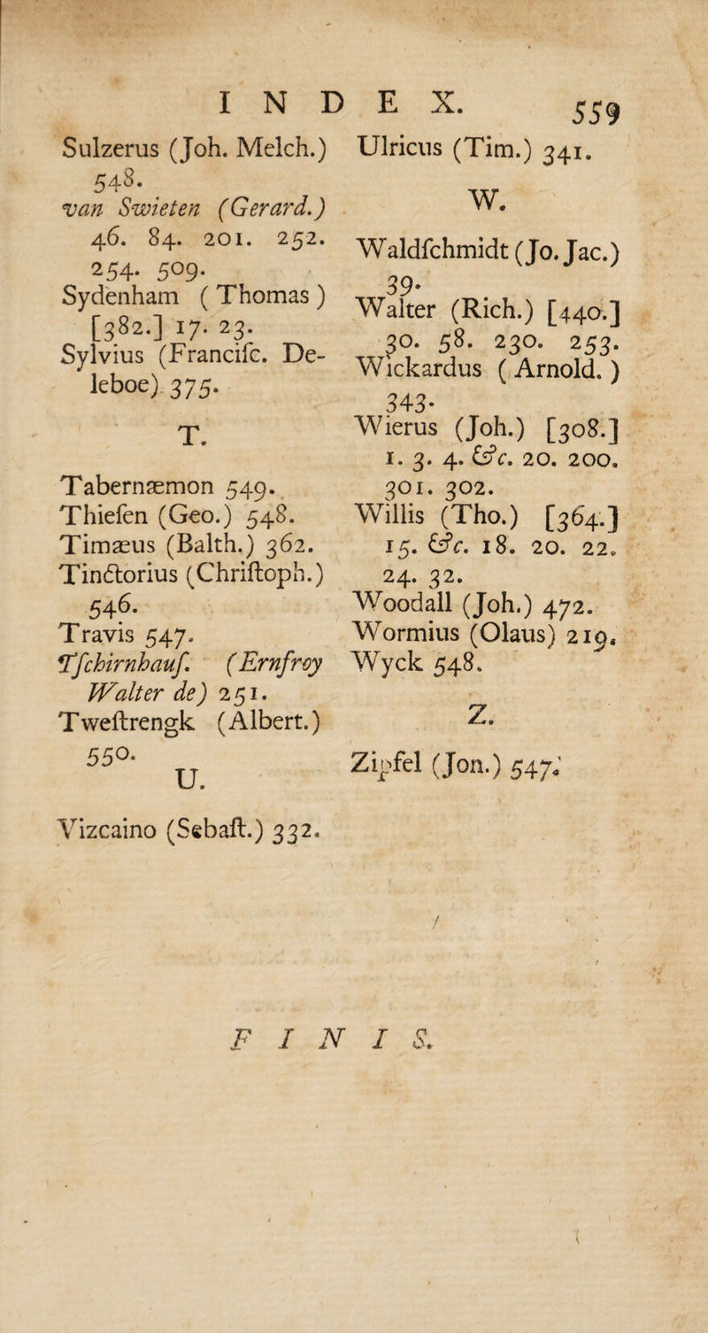 Sulzerus (Joh. Mclch.) 548. _ van Swieten (Gerard.) 46. 84. 201. 252. 254. 509. Sydenham (Thomas) [382.] 17.23. Sylvius (Francife. De- leboe) 375. T. Tabernasmon 549. Thiefen (Geo.) 548. Timasus (Balth.) 362. Tindtorius (Chriftoph.) 546. Travis 547. 4Tfchirnhauf ( Ernfroy Walter de) 251. Tweftrengk (Albert.) 55°- U. Vizcaino (Sebaft.) 332. xl .a. 559 Ulricus (Tim.) 341. W. Waldfchmidt (Jo. Jac.) 39• Walter (Rich.) [440.] ?o. 58. 230. 253. Wickardus (Arnold. ) 343. Wierus (Joh.) [308.] 1. 3. 4. &c. 20. 200, 301. 302. Willis (Tho.) [364.] 15. &C. l8. 20. 22. 24. 32. Woodall (Joh.) 472. Wormius (Olaus) 219, Wyck 548. Z. Zipfel (Jon.) 547; F I N I S.